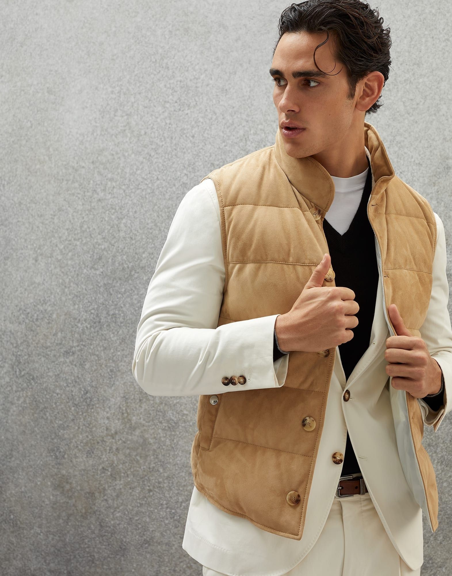 Brunello Cucinelli o1w1db10924 Padded Leather Vest in Beige Size 48R - 4 Thumbnail