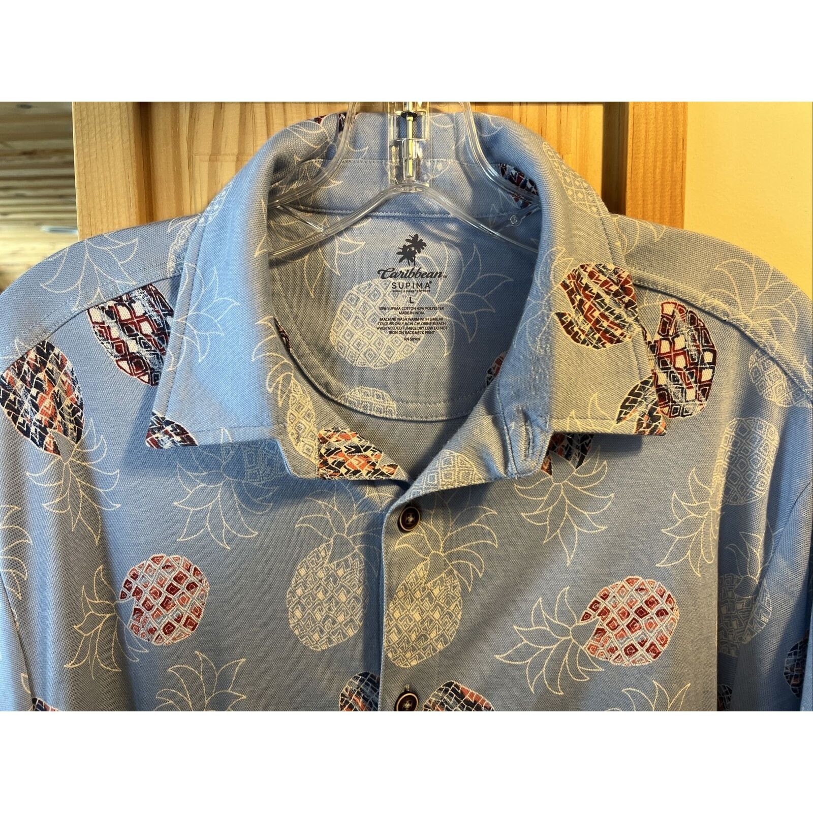 Caribbean Caribbean Men's L Blue Pineapple Button Cotton Blend Shirt Size US L / EU 52-54 / 3 - 5 Thumbnail