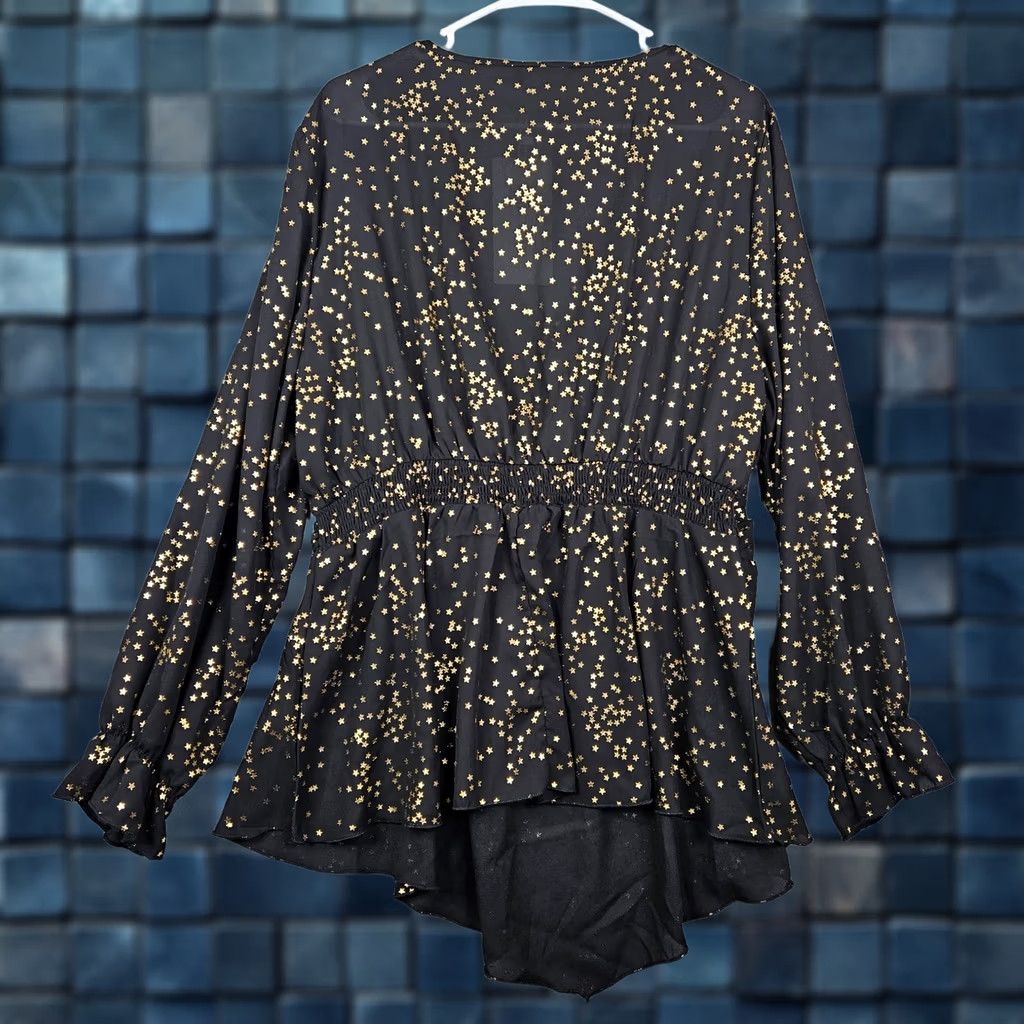 Vintage BLOOMCHIC Blouse Women's Black Gold Star Asymmetrical Lantern Sleeve Shirt Plus Size 18-20 Size XXL / US 16-18 / IT 52-54 - 1 Thumbnail