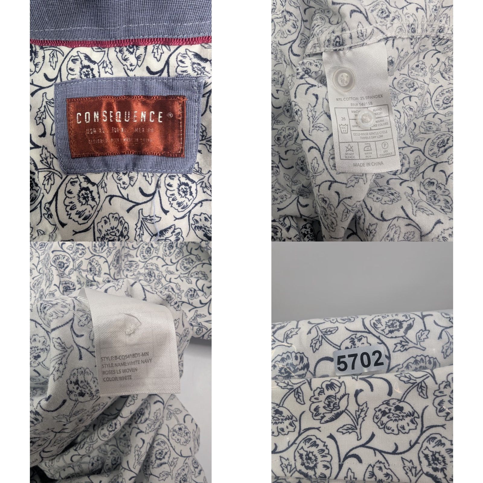 Vintage Consequence Shirt Mens XL Floral White Navy Button Up Long Sleeve Stretch Size US XL / EU 56 / 4 - 8 Thumbnail