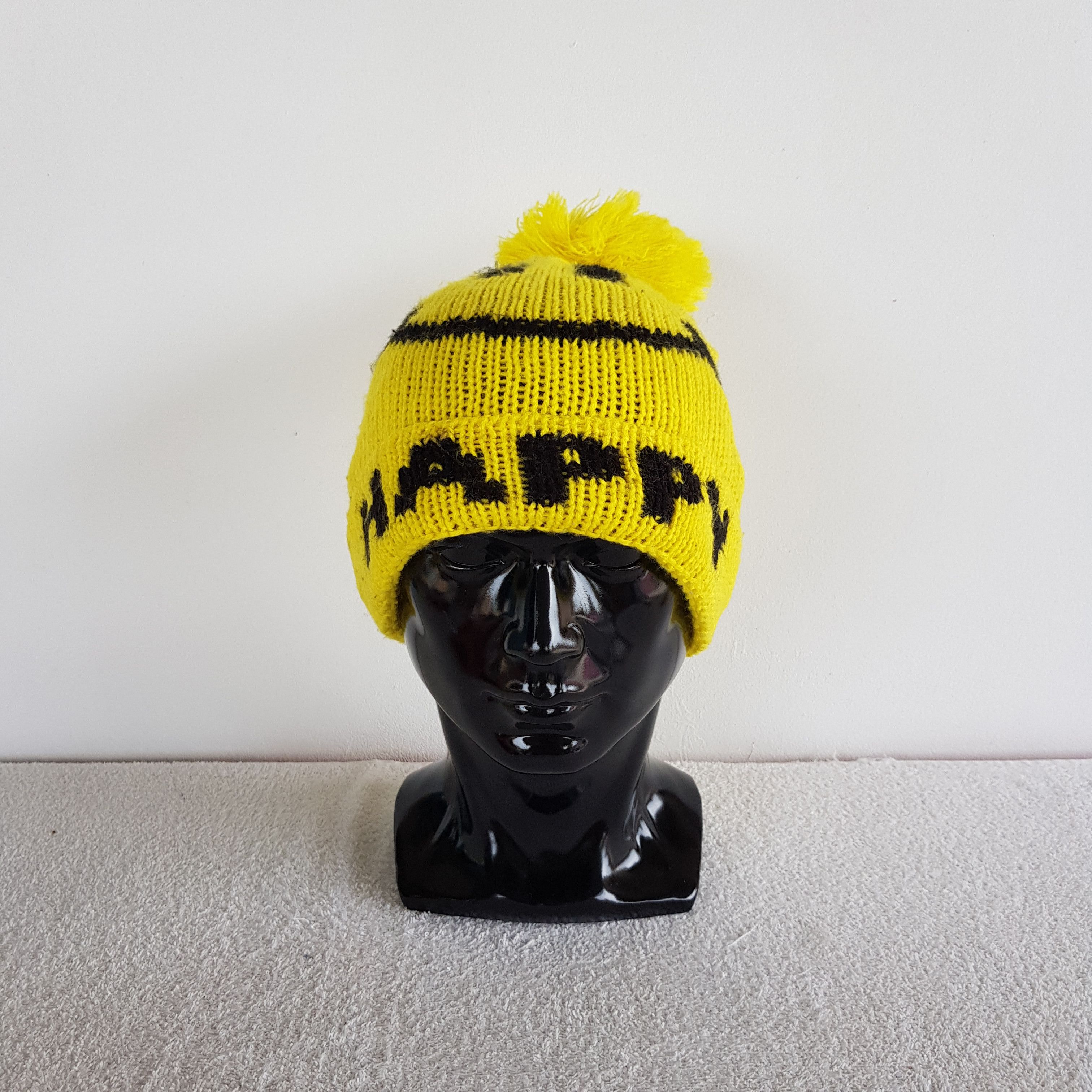 Japanese Brand Smiley Beanie Happy Pom Pom Ribbed Knit Snow Cap Hats. Size ONE SIZE - 3 Thumbnail