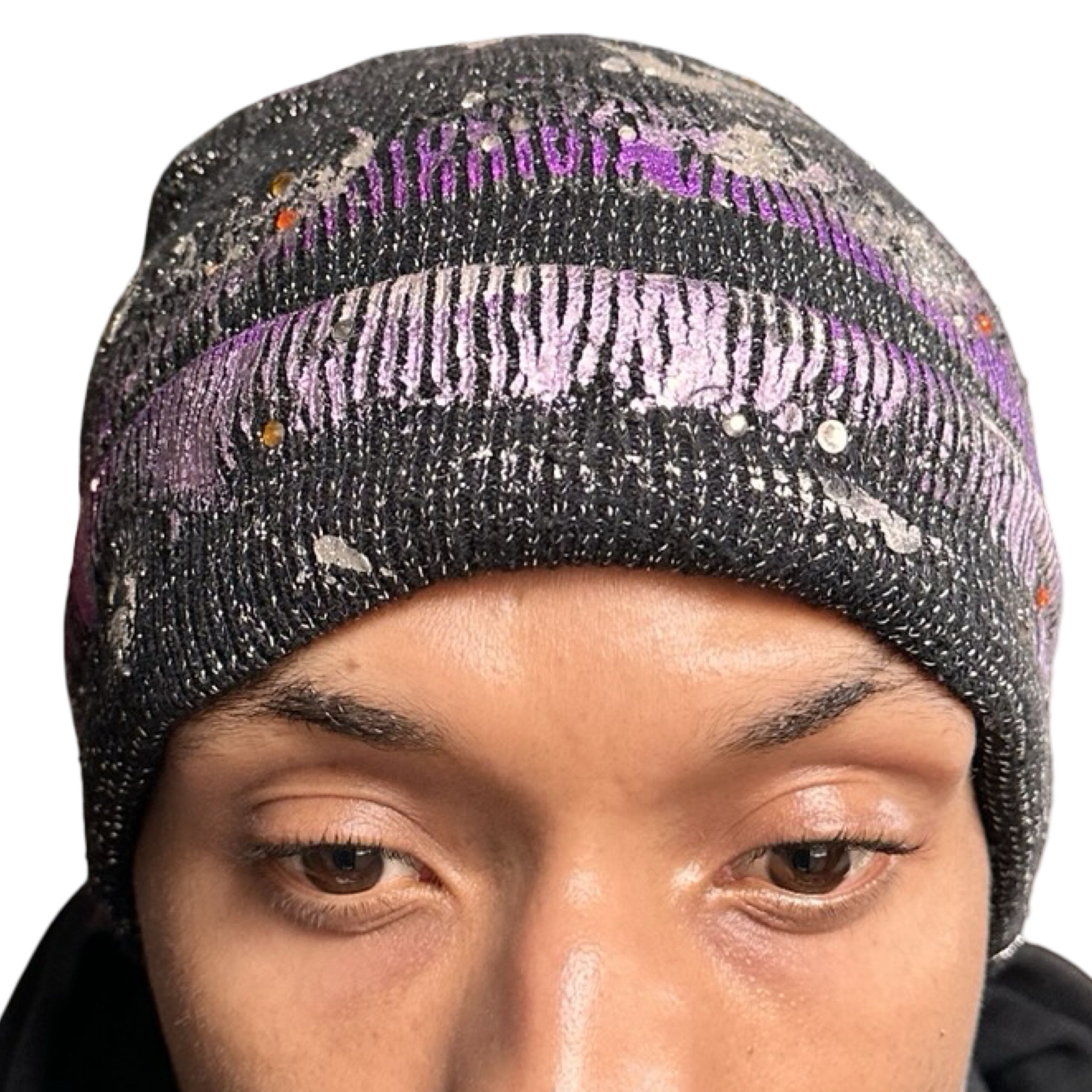 Other ASTROBOI* Black & Purple Metallic Rhinestone Winter Beanie Size ONE SIZE - 1 Thumbnail