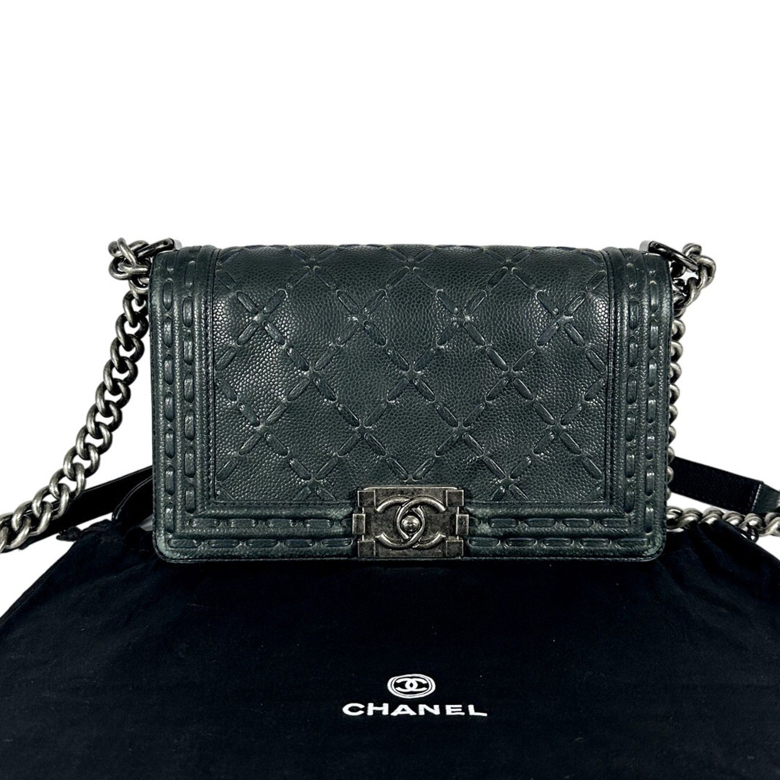 CHANEL Caviar Stitched Medium Boy Flap Shoulder Bag Black