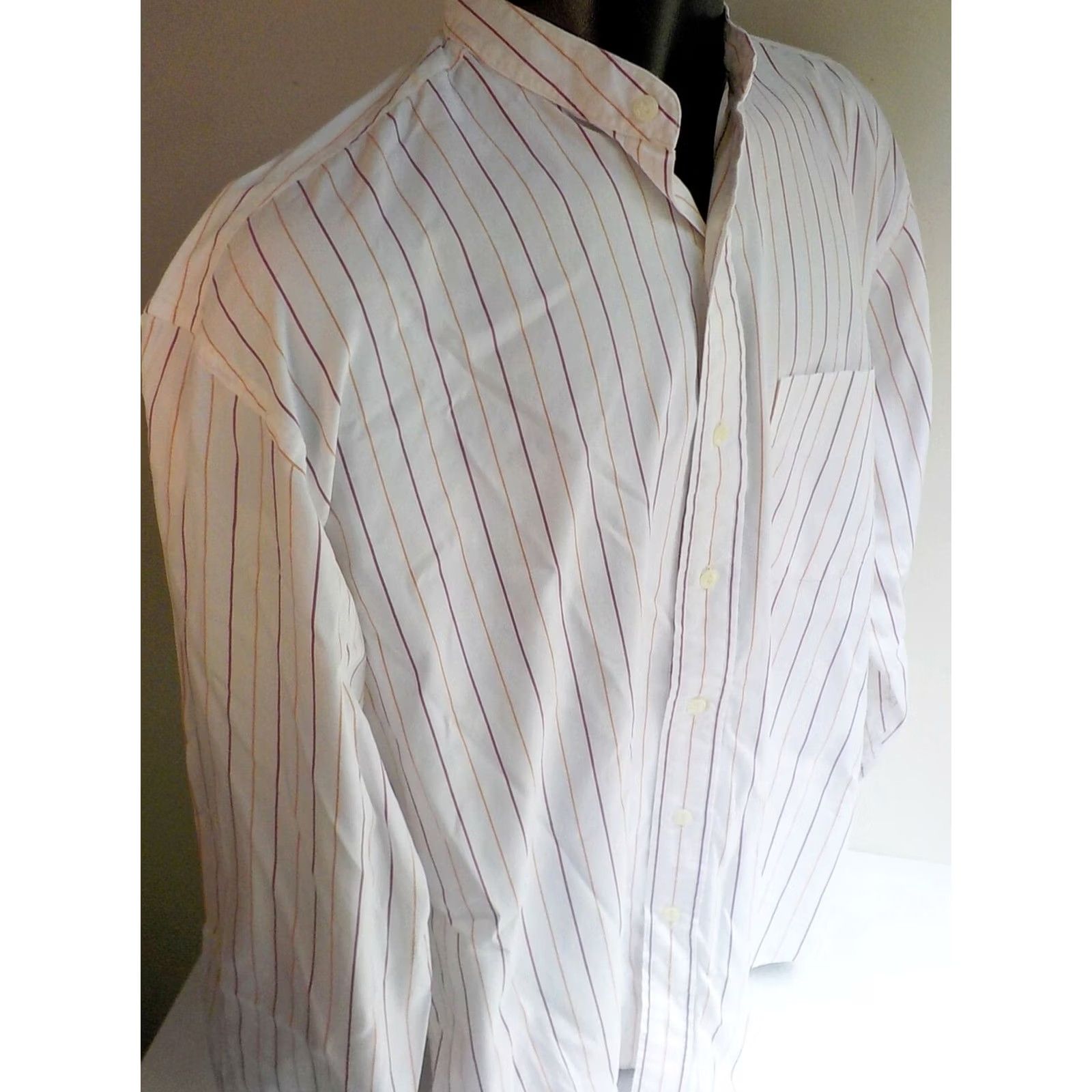 Greats Britches LS Striped Shirt Shirt Britches Button-Front Band Collar 100% Cotton White Orange Wine S Mens Outdoor Casual Long Sleeve Banded Collar Shirt Size US S / EU 44-46 / 1 - 3 Thumbnail