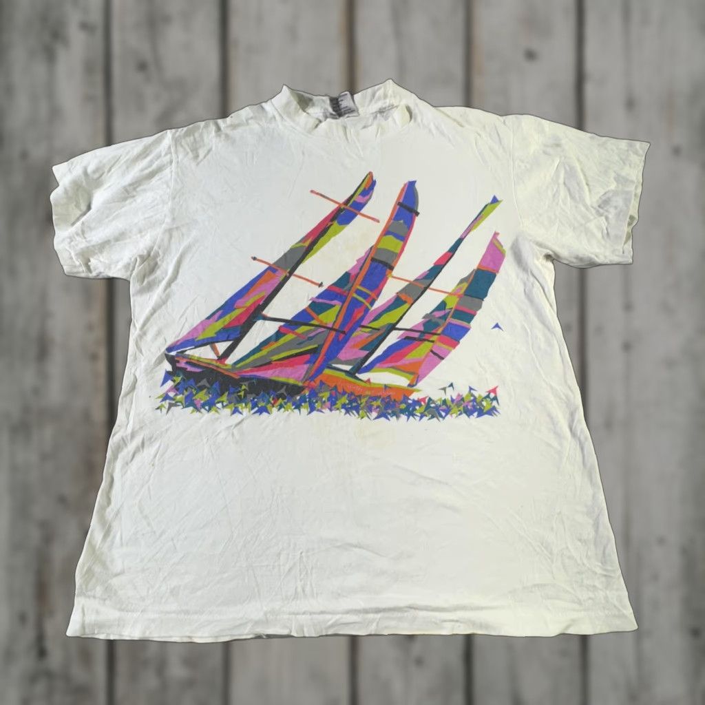 Vintage VINTAGE Oneita Shirt Mens Medium White Abstract Sailboat Graphic Tee 90s USA Mens Size US M / EU 48-50 / 2 - 1 Thumbnail