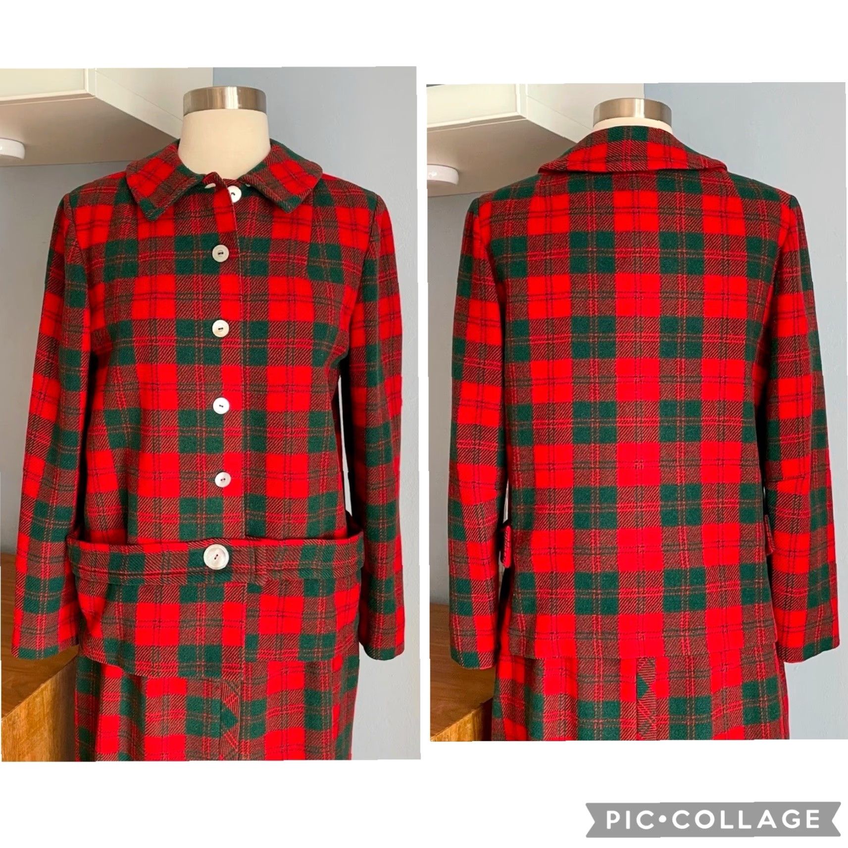 Vintage VINTAGE Koret of California SF Tartan Plaid Wool Jacket Skirt Suit Red Green S/M 1970s Mod/GoGo N/A Size 28" / US 6 / IT 42 - 2 Thumbnail