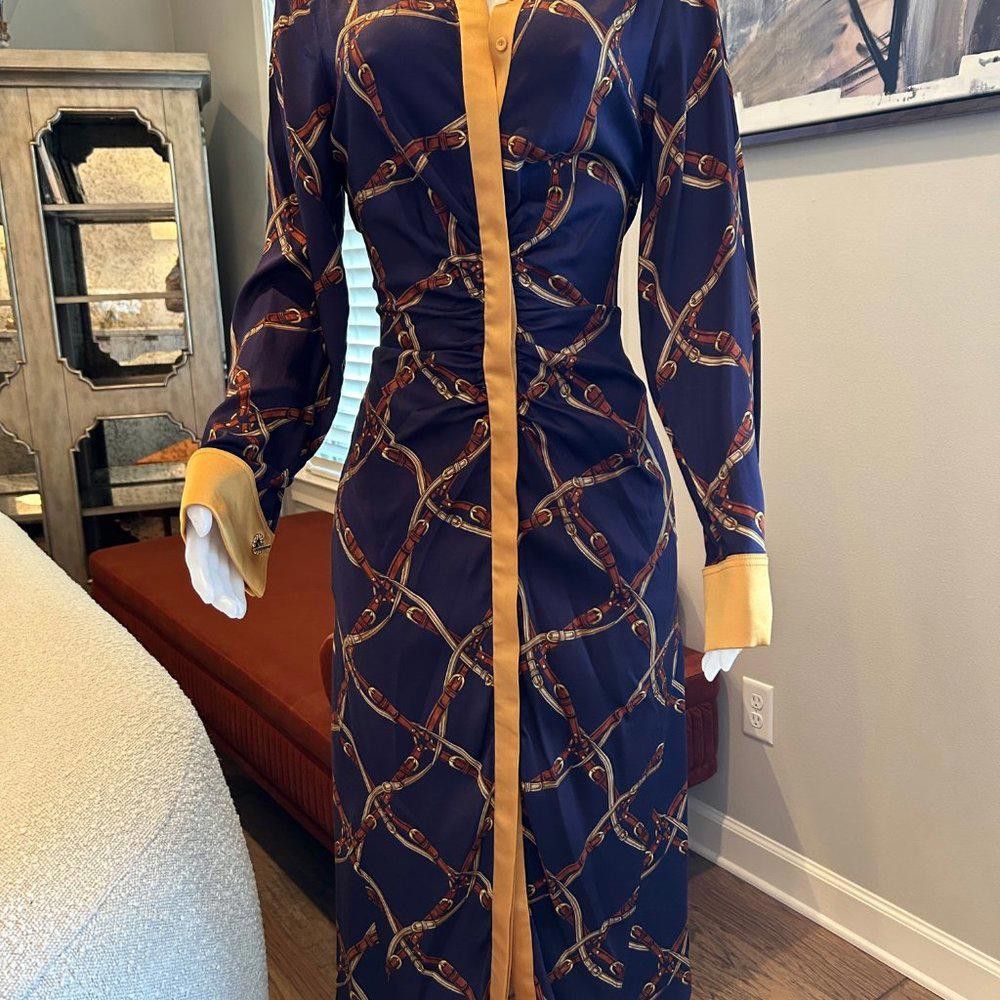 Designer Jonathan Simkhai Saddle-Print Ruched Long-Sleeve Shirtdress Size L / US 10 / IT 46 - 1 Thumbnail