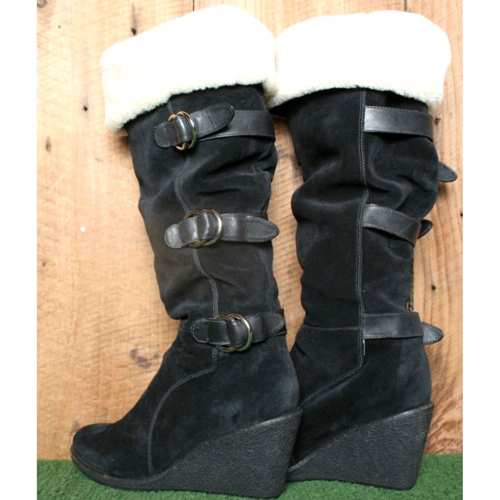 Cole Haan COLE HAAN 'Michelle' Black Suede Shearling Foldover Cuffed Knee High Boots 9.5 B Womens Shoes Wool Waterproof Knee High Heel Wedge 3-3.9 in Size US 10 / IT 40 - 3 Thumbnail
