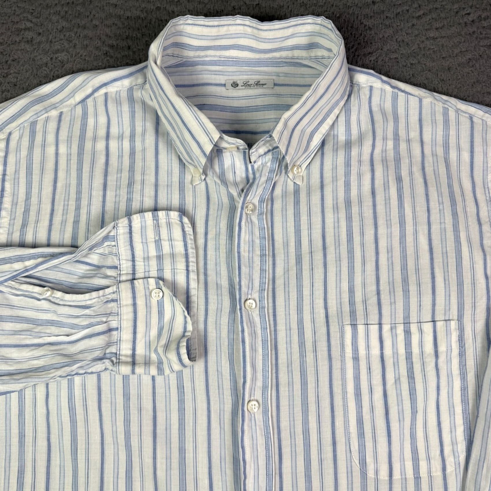 Loro Piana Loro Piana Shirt Mens 18/45 White Blue Striped Linen Blend Long Sleeve Pocket Button-Up Shirt Mens 2XL Blue Size US XXL / EU 58 / 5 - 2 Thumbnail