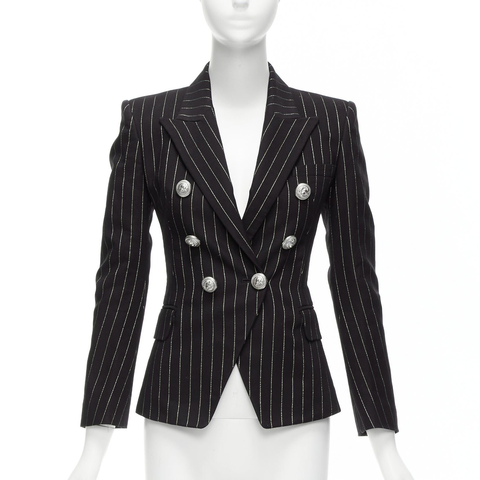 Image of Balmain Metallic Gold Striped Black Cotton Blend Double Breasted Blazer Fr34 Xs, Women's