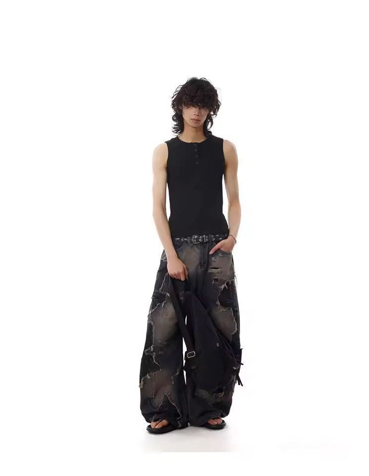 Jean Distressed Retro Streetwear Straight Baggy Jeans Pants Size US 29 - 2 Thumbnail