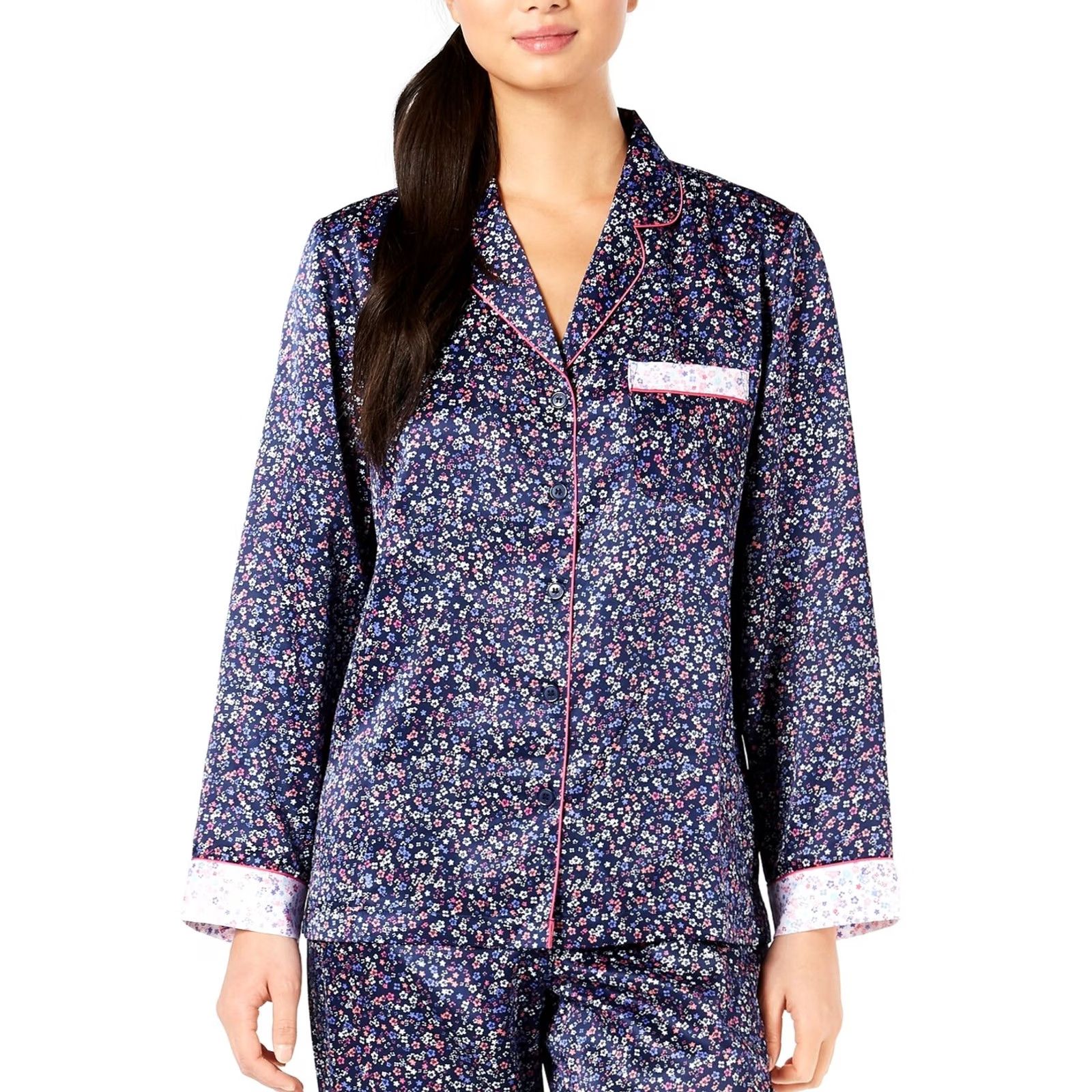 Charter Club Charter Club Pajama Top Shirt 3XL Navy Floral Satin Long Sleeve Notch Collar Buttoned Womens Size XXL / US 16-18 / IT 52-54 - 2 Thumbnail