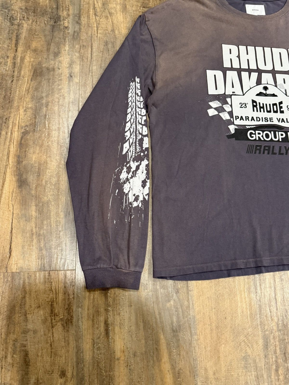 RARE Rhude Dakar 91 Logo L/S Tee Faded Grey Rally Racing