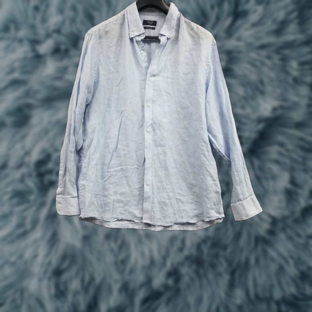 Vintage Ascot Shirt XL Blue 100% Linen Long Sleeve Button Up Mens Slimming Regular Fit Brown Suede Accents Size US XL / EU 56 / 4 - 1 Thumbnail