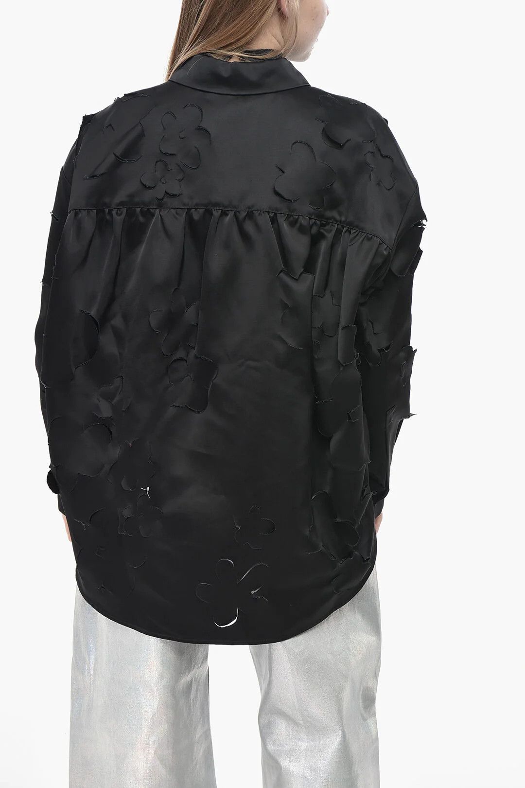 Marni og1mm0326 Floral Cut-Out Motif Satin Blouse in Black Size M / US 6-8 / IT 42-44 - 2 Thumbnail