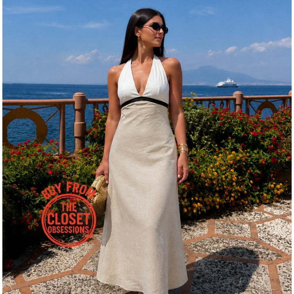 asymmetric cut-out halterneck midaxi dress in black Textured Cut Out Mini evening-mob Fluted hem A Line Linen Blend Color:Champagne (Wheat)