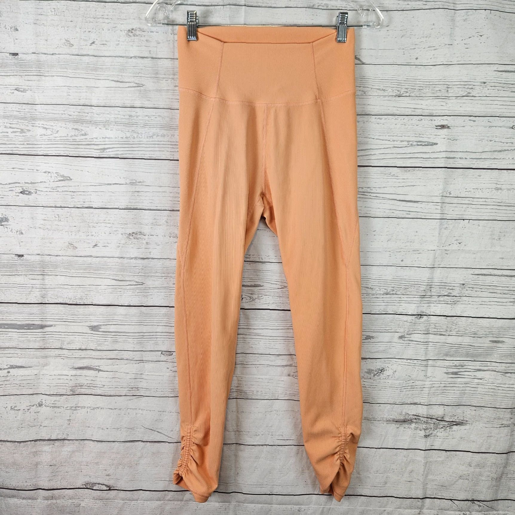 Vintage Wilo The Label Leggings Womens Orange Ribbed High Rise Ruched Hem Size M Regular Inseam 24" Ankle Activewear Size 32" / US 10 / IT 46 - 2 Thumbnail