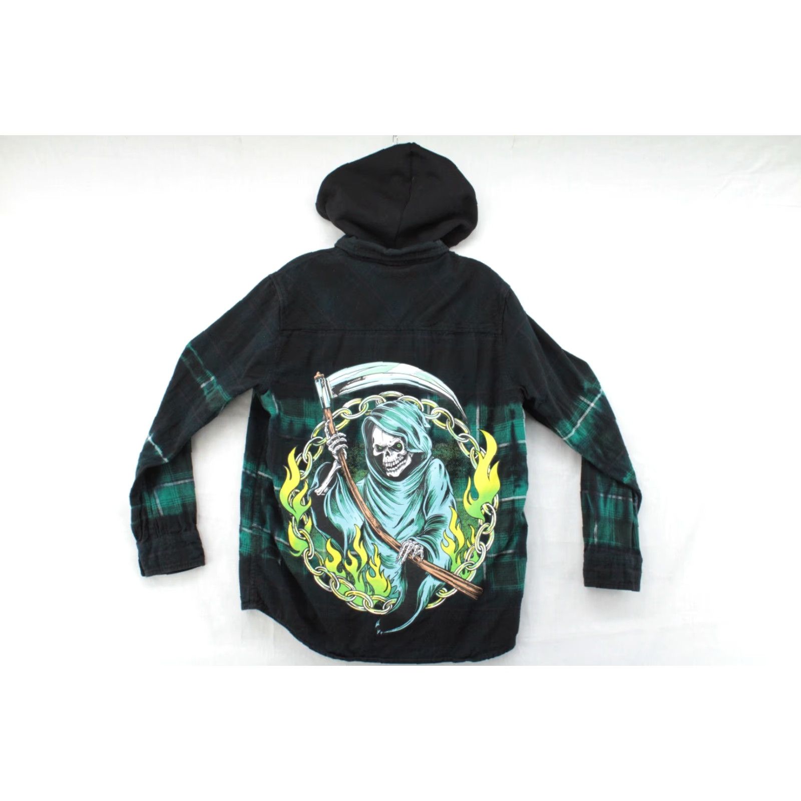 Broken Promises Co. VINTAGE Broken Promises Grim Reaper Hoodie Flannel Shirt Mens M Black Green Plaid Goth Hoodie Button-Up Casual City Gothic Grunge 90s Mens Size US M / EU 48-50 / 2 - 3 Thumbnail