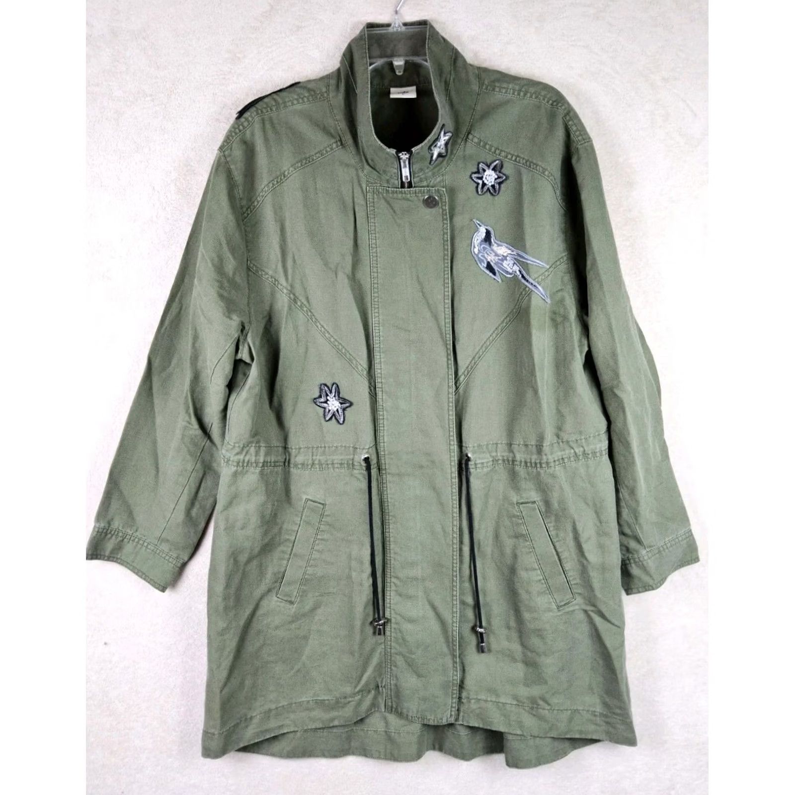 Vintage Cabi Jacket Bird Military Linen Blend Sequin Star Appliqué Zip Green Sz L Women Regular Mid-Length Jacket (Travel, Workwear) Size L / US 10 / IT 46 - 2 Thumbnail