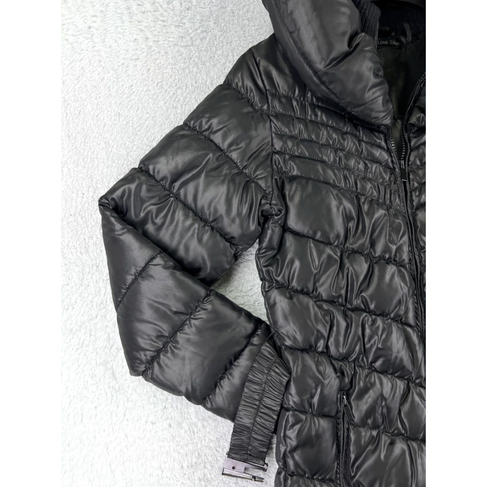 Vintage Love Token Jacket Womens XS Black Puffer Long Zip Belted Full Zip Hooded Quilted Solid Polyester Jacket Size XS / US 0-2 / IT 36-38 - 7 Thumbnail