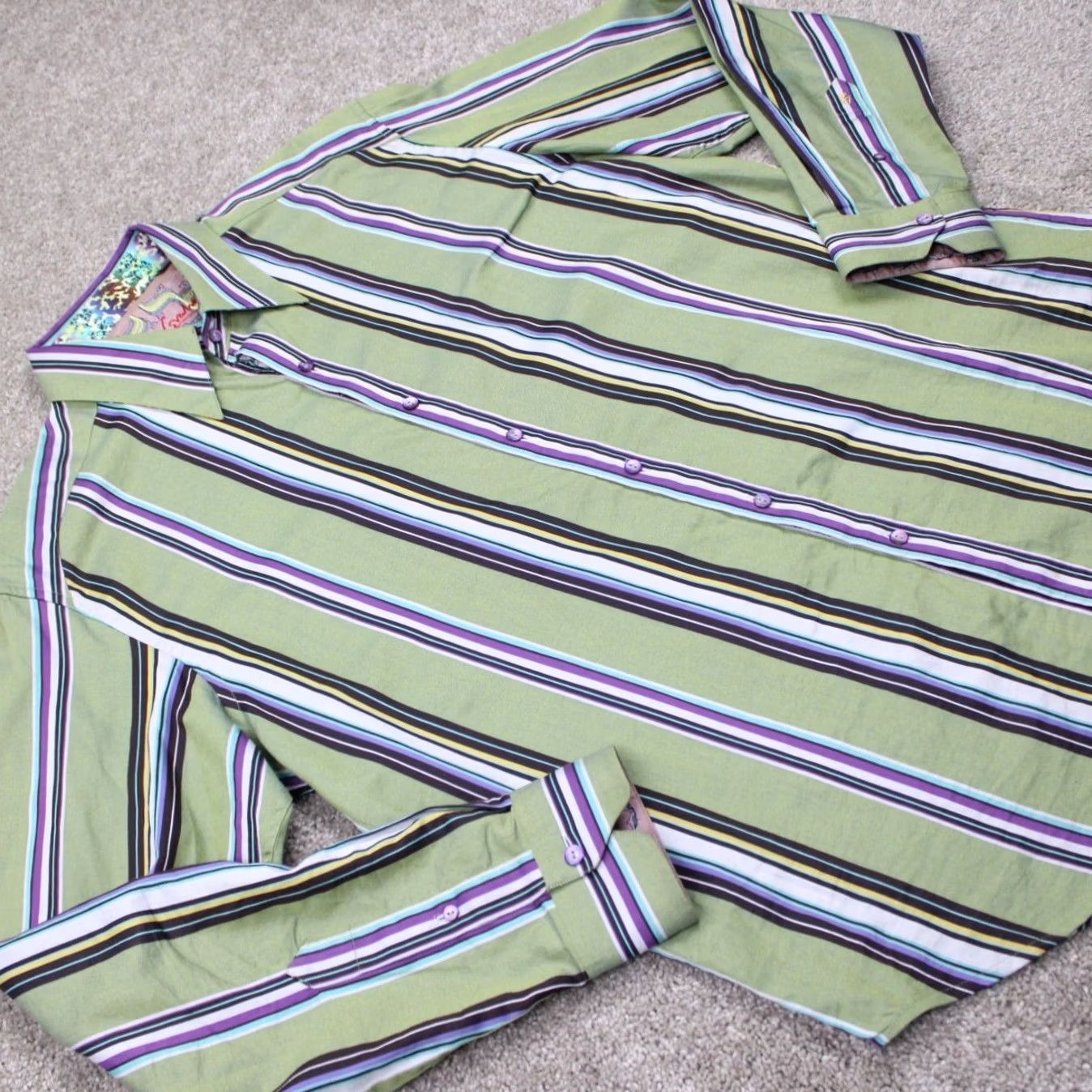 Robert Graham Robert Graham Button-Up Shirt Adult Large Green/Purple Cotton L/S Striped Size US L / EU 52-54 / 3 - 6 Thumbnail
