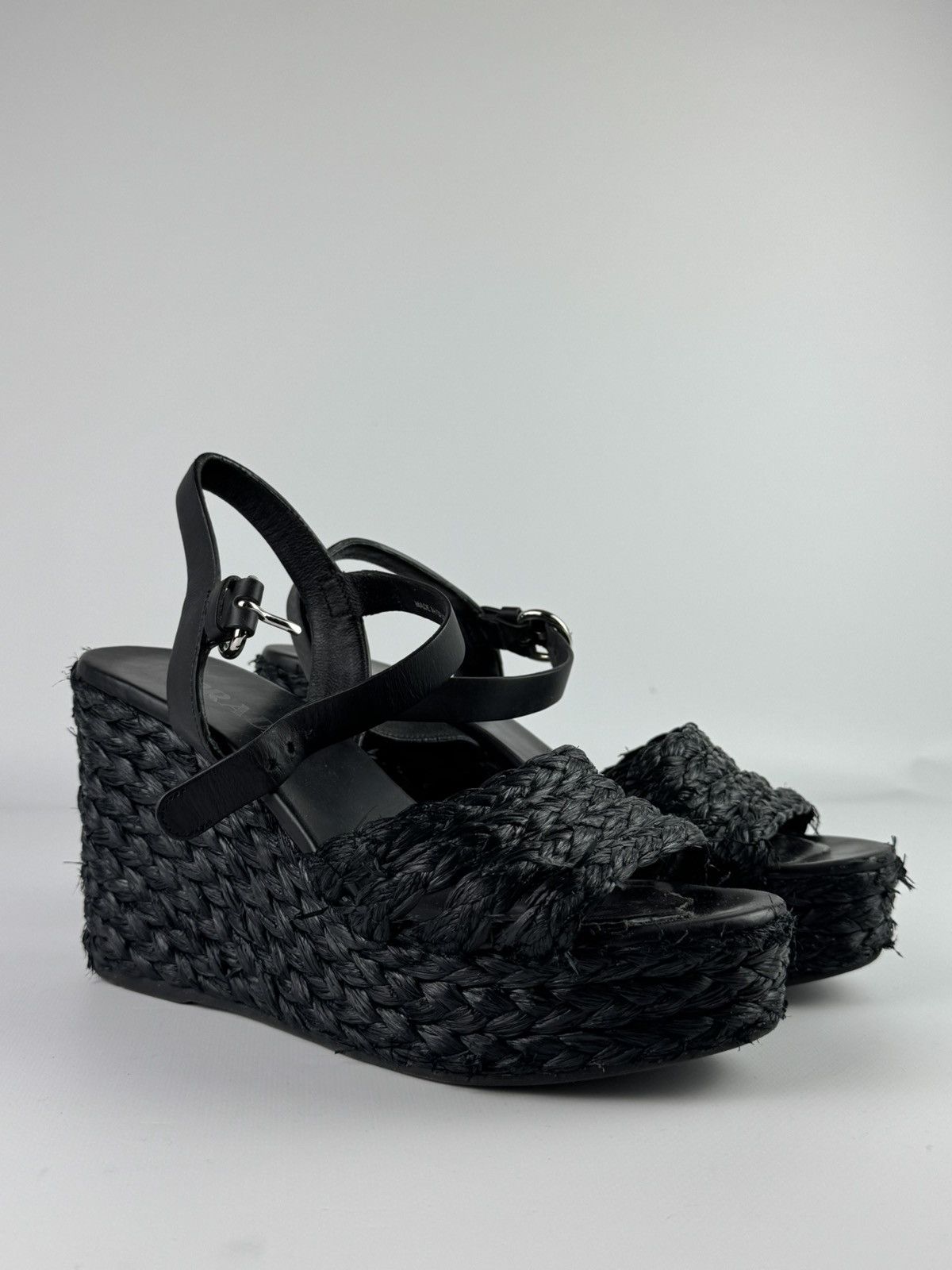 Prada Raffia Crisscross Wedge Sandals Espadrilles Black