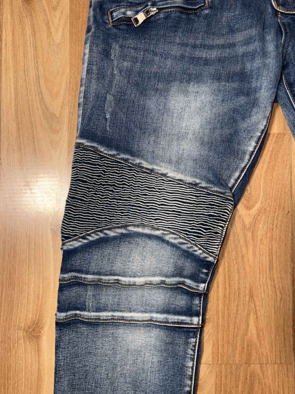 Japanese Brand Balmain style Jeans Blue Moto Biker SlimFit Distressed Denim Size US 33 - 8 Thumbnail