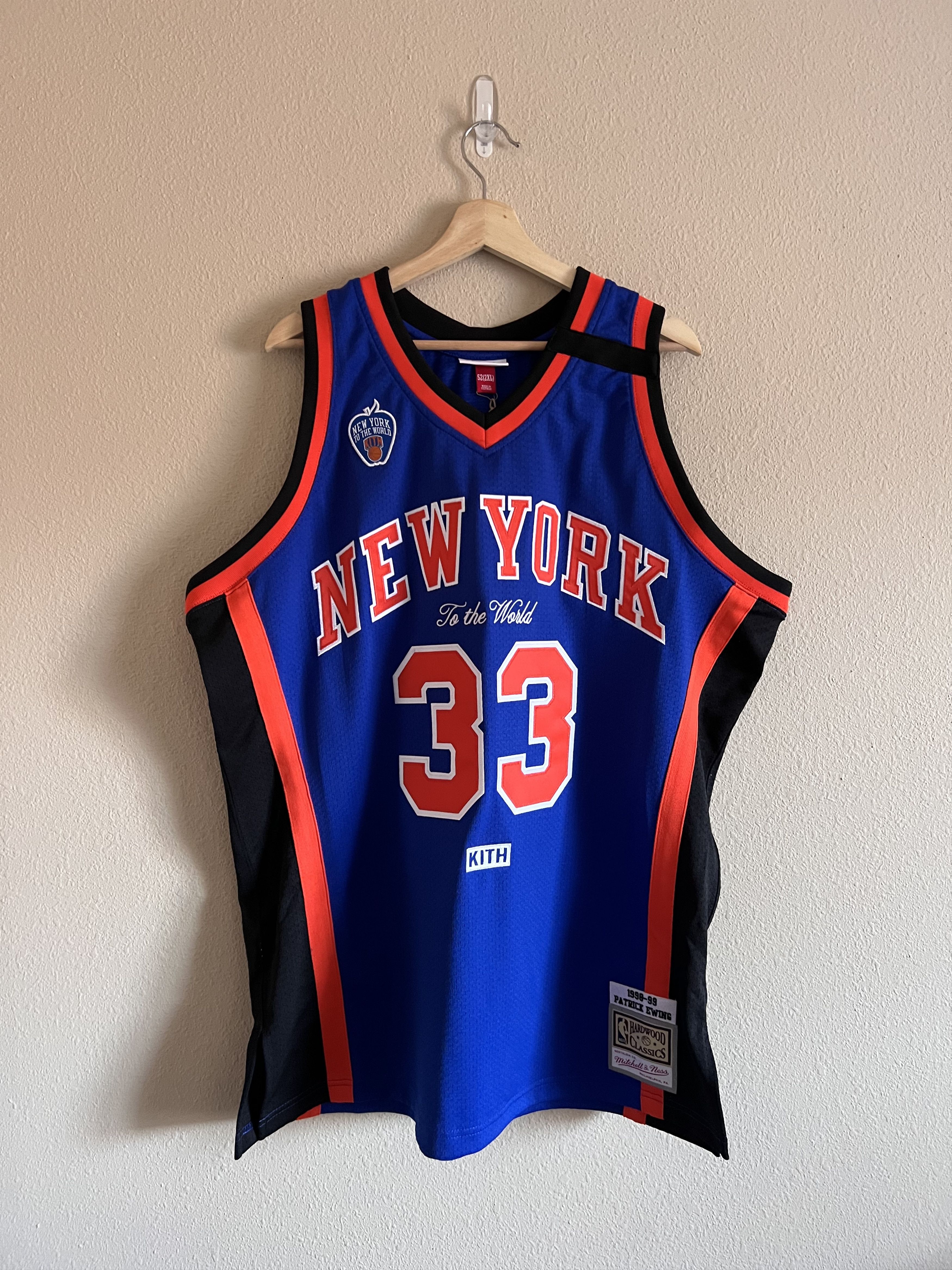 image of Kith Mitchell & Ness Knicks Patrick Ewing Jersey In Blue, Men's (Size 2XL)