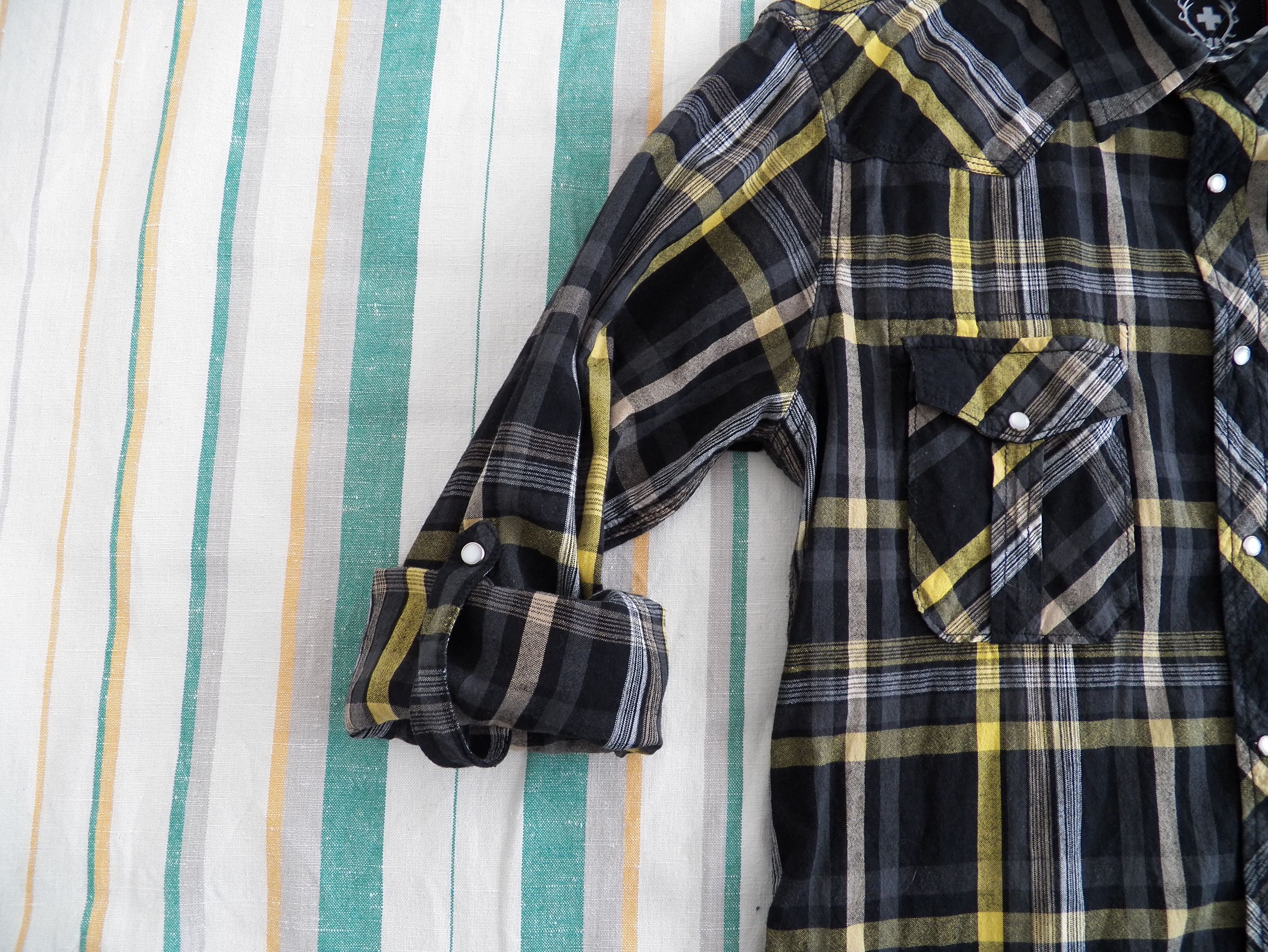 Alprausch Mens Shirt black yellow plaid flannel snap
