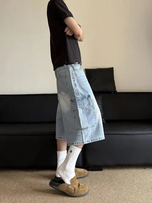 Jean Wakiko x Yumi Light Wash Cargo Denim Shorts, Wide Leg Jorts Size US 33 - 7 Thumbnail