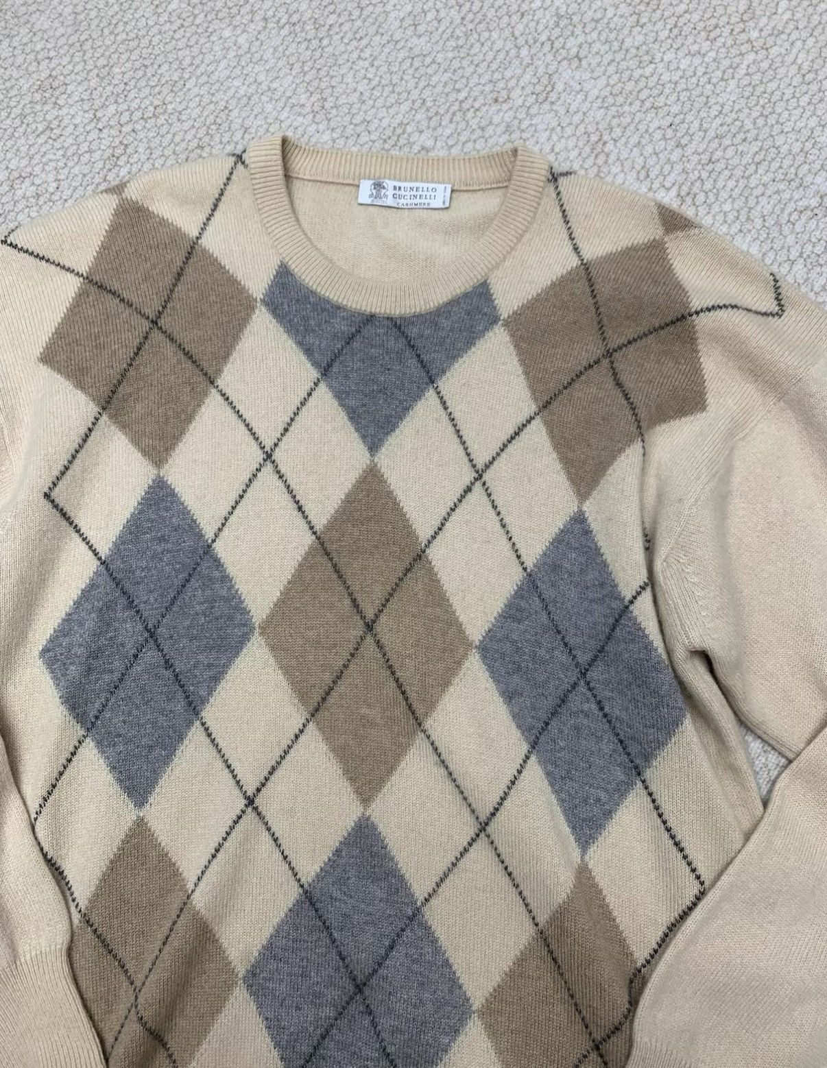 Brunello Cucinelli BRUNELLO CUCINELLI Light Beige Argyle Cashmere Sweater Size US XL / EU 56 / 4 - 6 Thumbnail