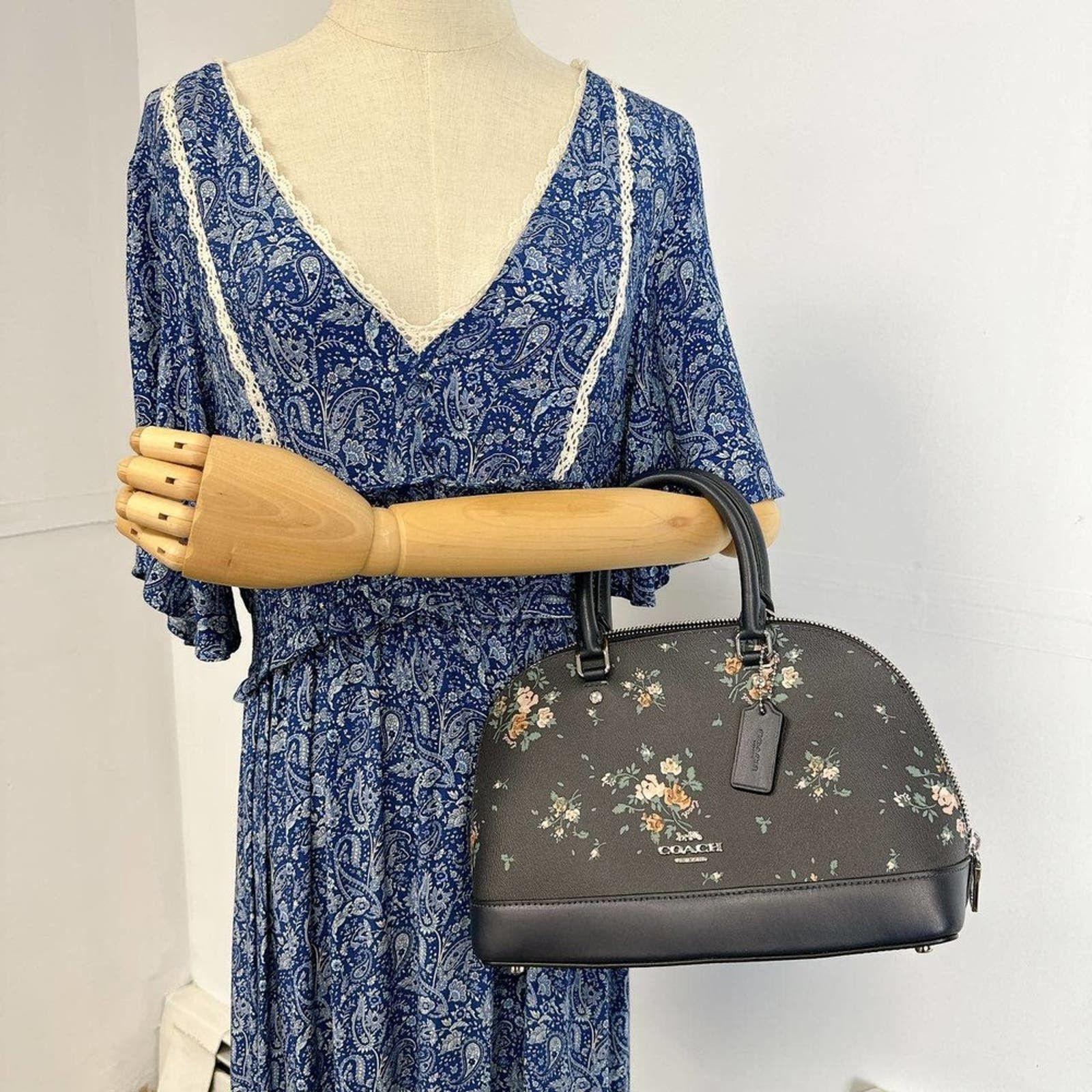 image of Coach 91430 Mini Sierra Satchel With Rose Bouquet Print in Black, Women's