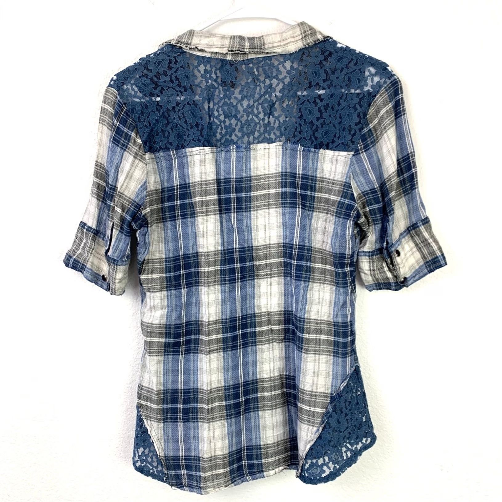 BKE VINTAGE BKE Shirt Boho Lace Cotton Plaid Button-Front Women's L Blue White Gray Size L / US 10 / IT 46 - 6 Thumbnail