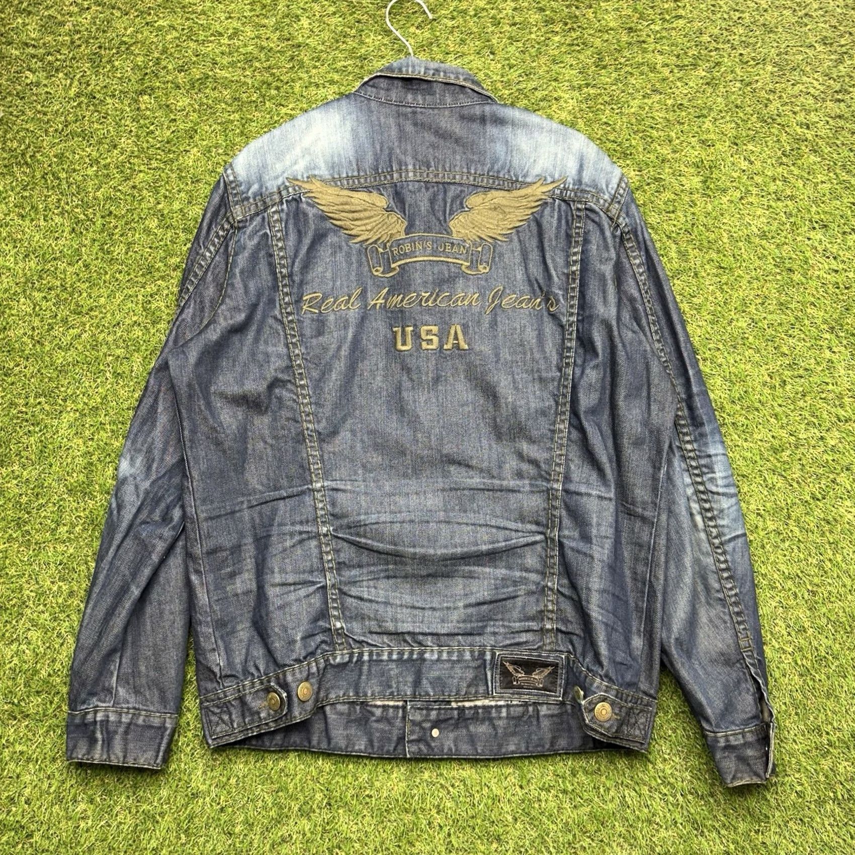 Denime VINTAGE Robins Jean Jacket Mens XL Blue Trucker Denim Embroidered Wings USA Made Wing Collar Biker Jacket Size US 36 / EU 52 - 2 Thumbnail