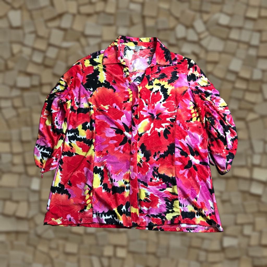 Vintage Erin London Shirt Women's Medium, 3/4 Sleeve Button-Up Floral Yellow Red, Casual, Fall Spring Summer, Polyester Spandex, Women's Shirt Size M / US 6-8 / IT 42-44 - 1 Thumbnail