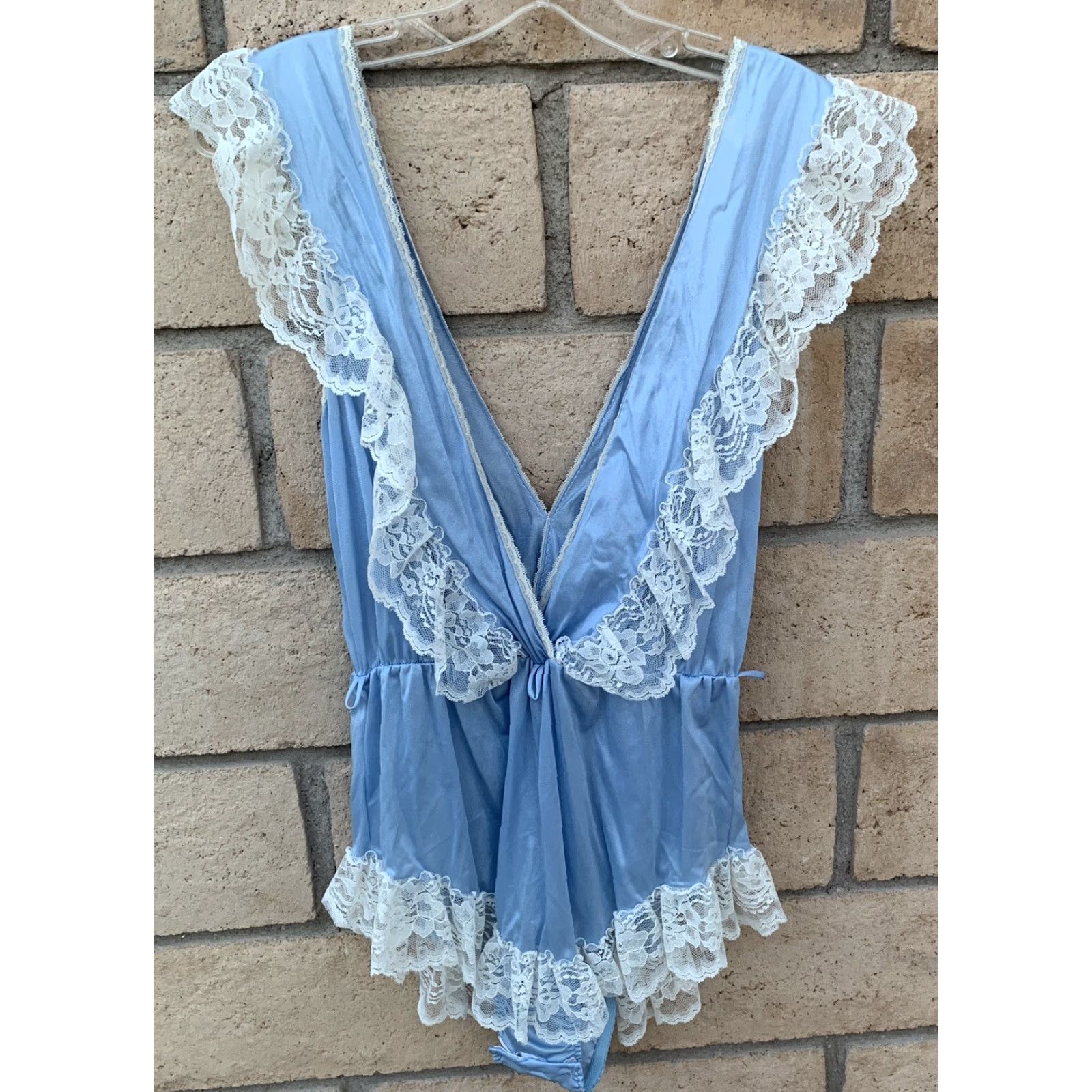 Vintage VINTAGE Flair Nylon Teddy One Piece Playsuit Romper Lace Ruffle Union Made Sz M Blue 1980s Glam Rock Flair Mens Womens Girls Boys Size 32" / US 10 / IT 46 - 3 Thumbnail
