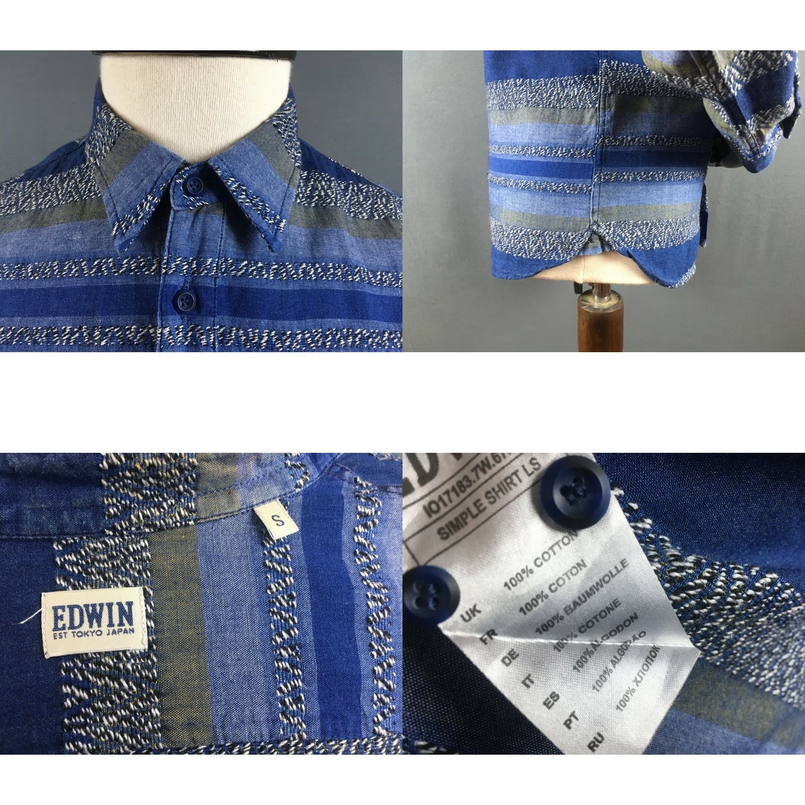 Edwin Edwin Shirt Cotton Blue Men S Button-Up Point Collar Long Sleeve Size US S / EU 44-46 / 1 - 8 Thumbnail