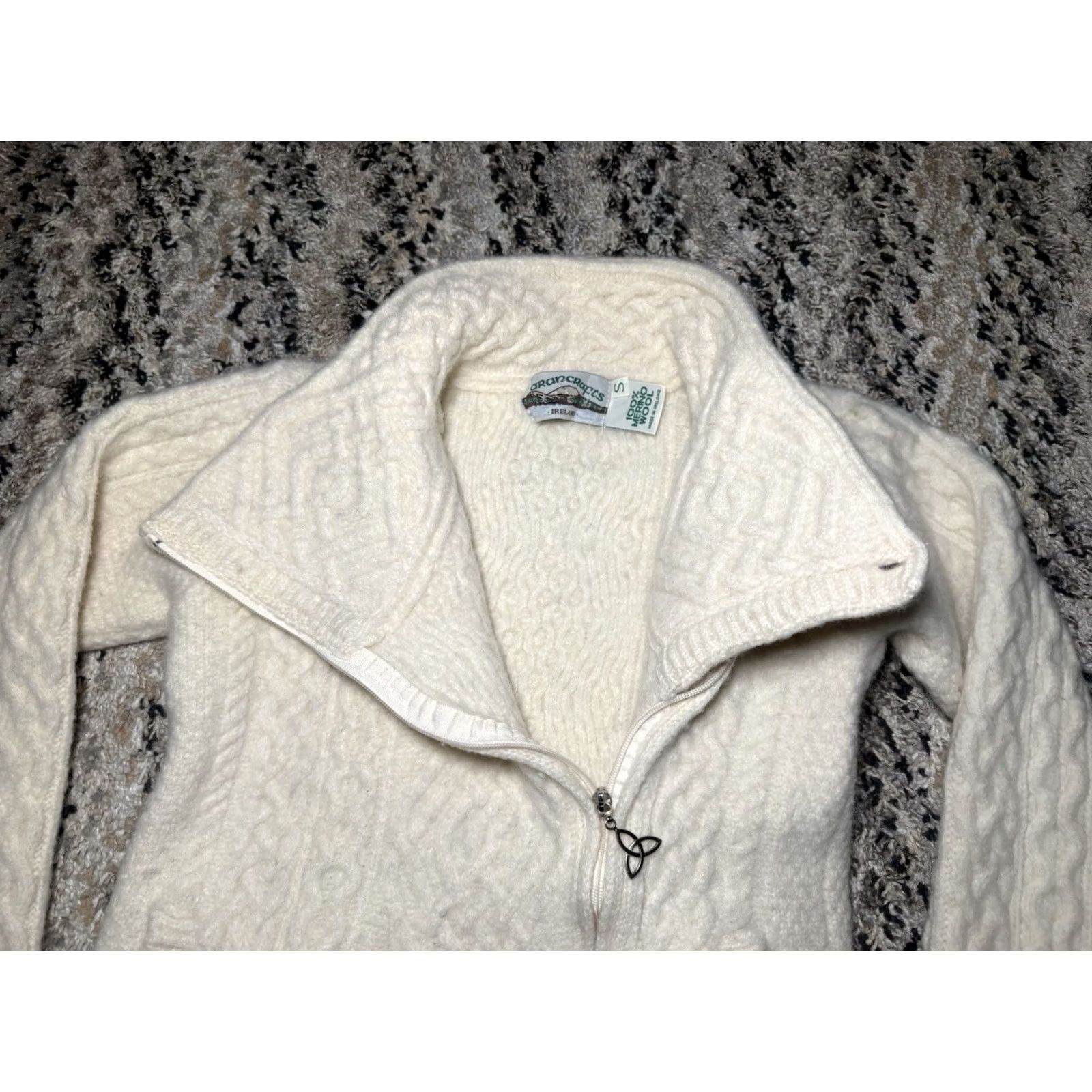 Vintage Aran Crafts Sweater Women Zip Merino Wool Asymmetrical Cable Knit Fisherman S Ivory Size S / US 4 / IT 40 - 3 Thumbnail