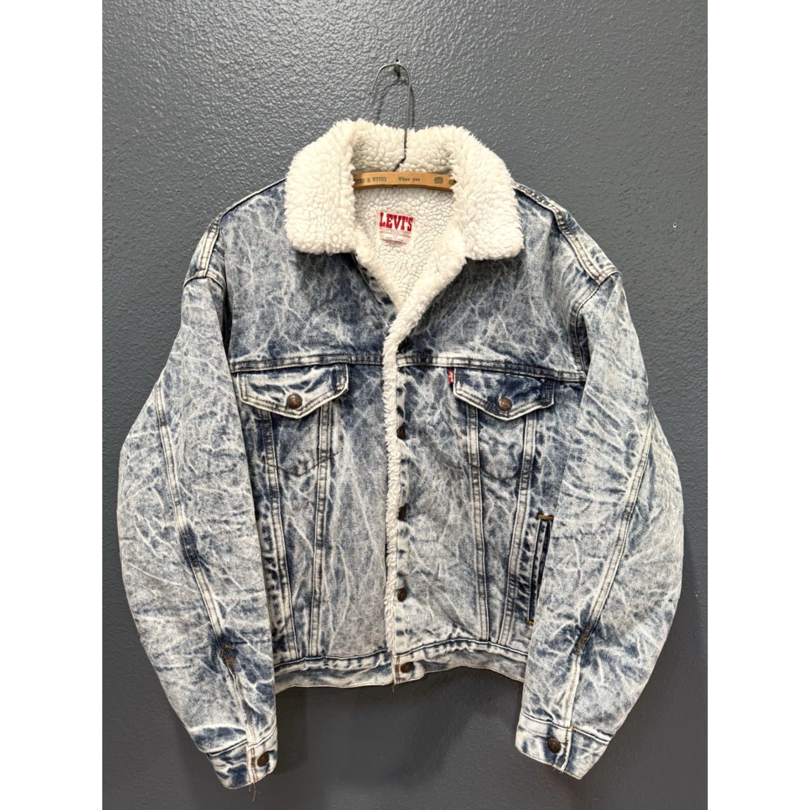 VINTAGE Levi\'s Denim Jacket Trucker USA 80s Acid Wash Sherpa Lined M Men Blue Size M