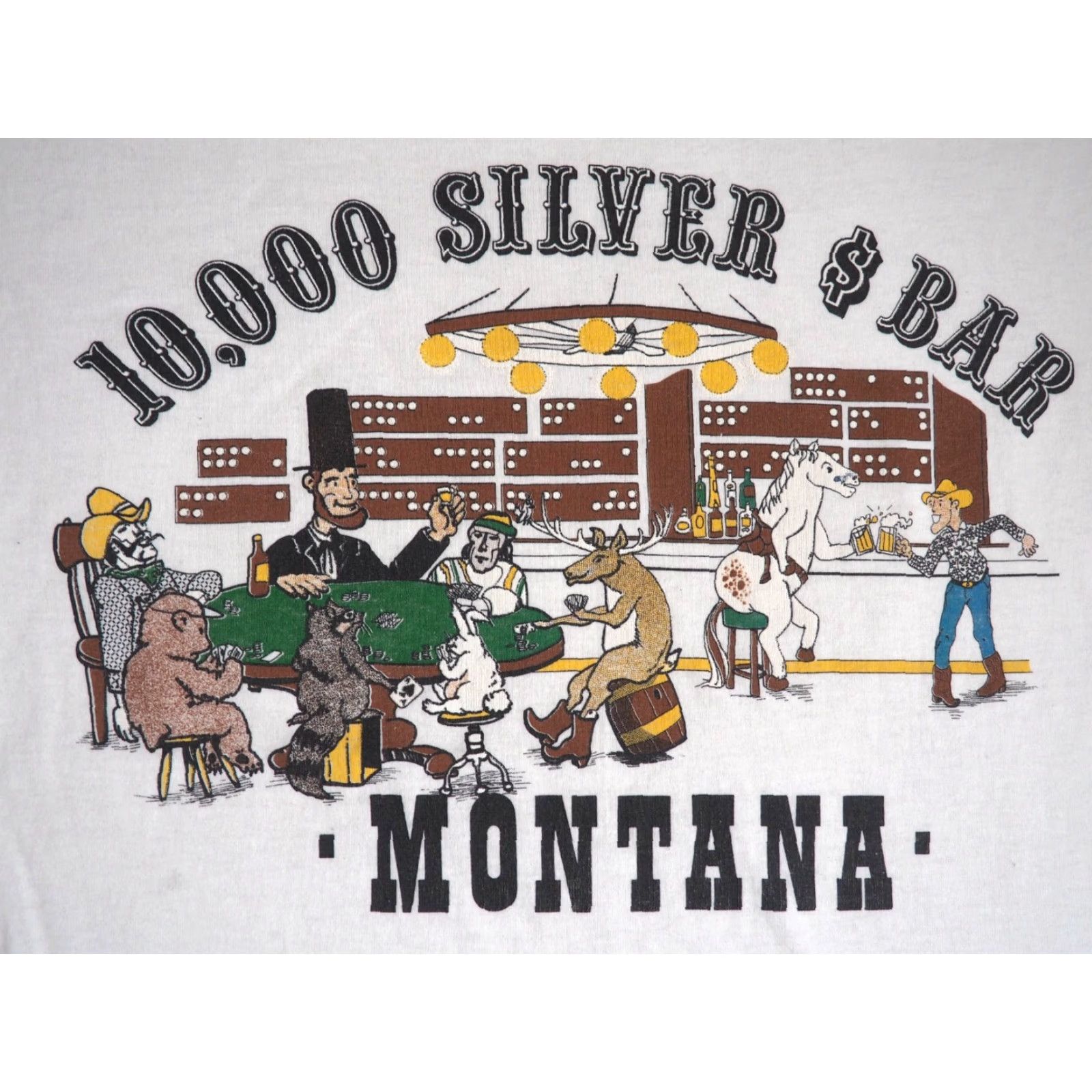 Vintage VTG 80s 90s Screen Stars Montana 10000 Silver Dollar Bar Art White Tee T-Shirt L Men Short Sleeve Cotton Blend Graphic Tee Size US L / EU 52-54 / 3 - 3 Thumbnail