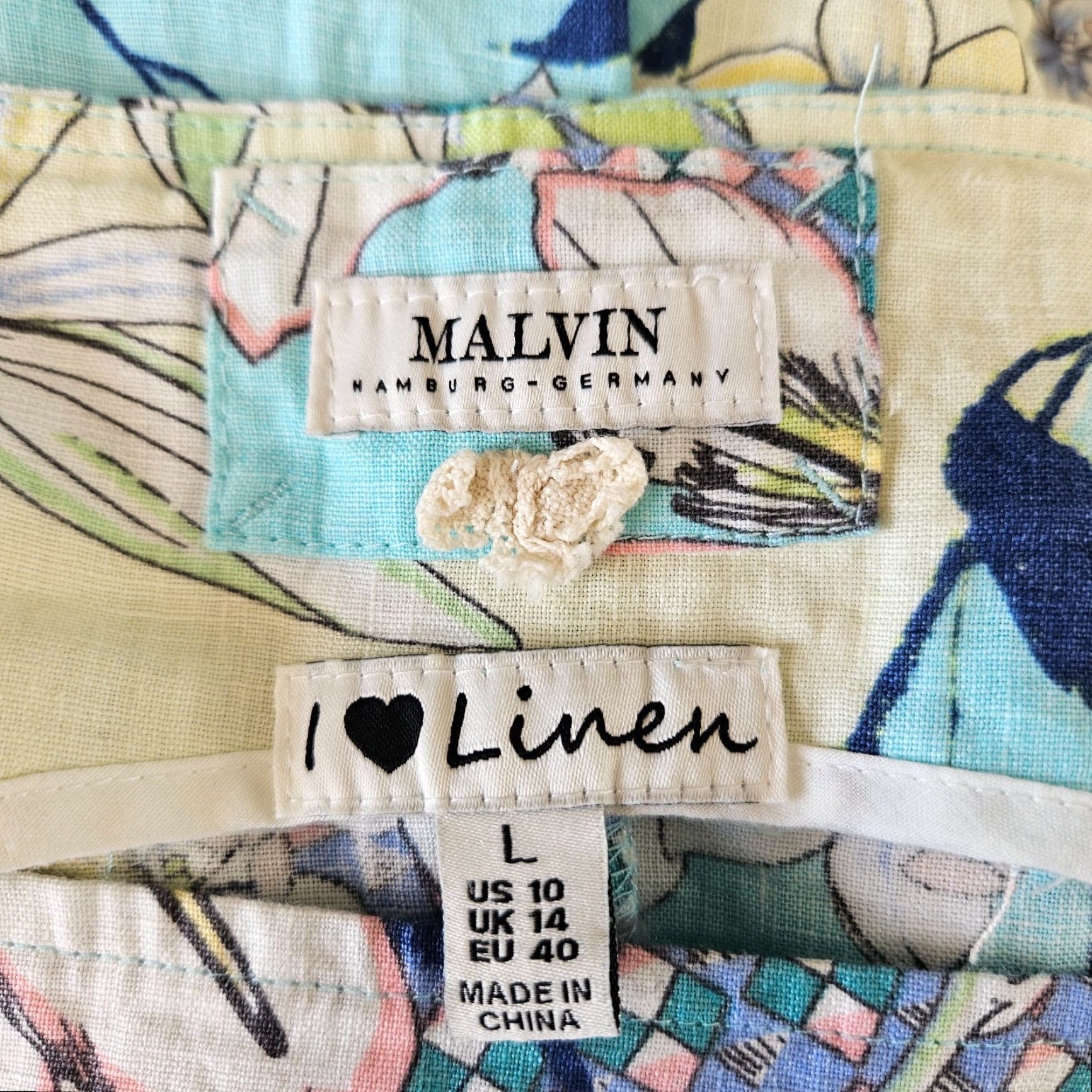 Vintage Malvin I Love Linen Womens Dress L Blue Yellow Floral Belted Side Zip Knee Length A-Line Dress Womens Size L / US 10 / IT 46 - 5 Thumbnail