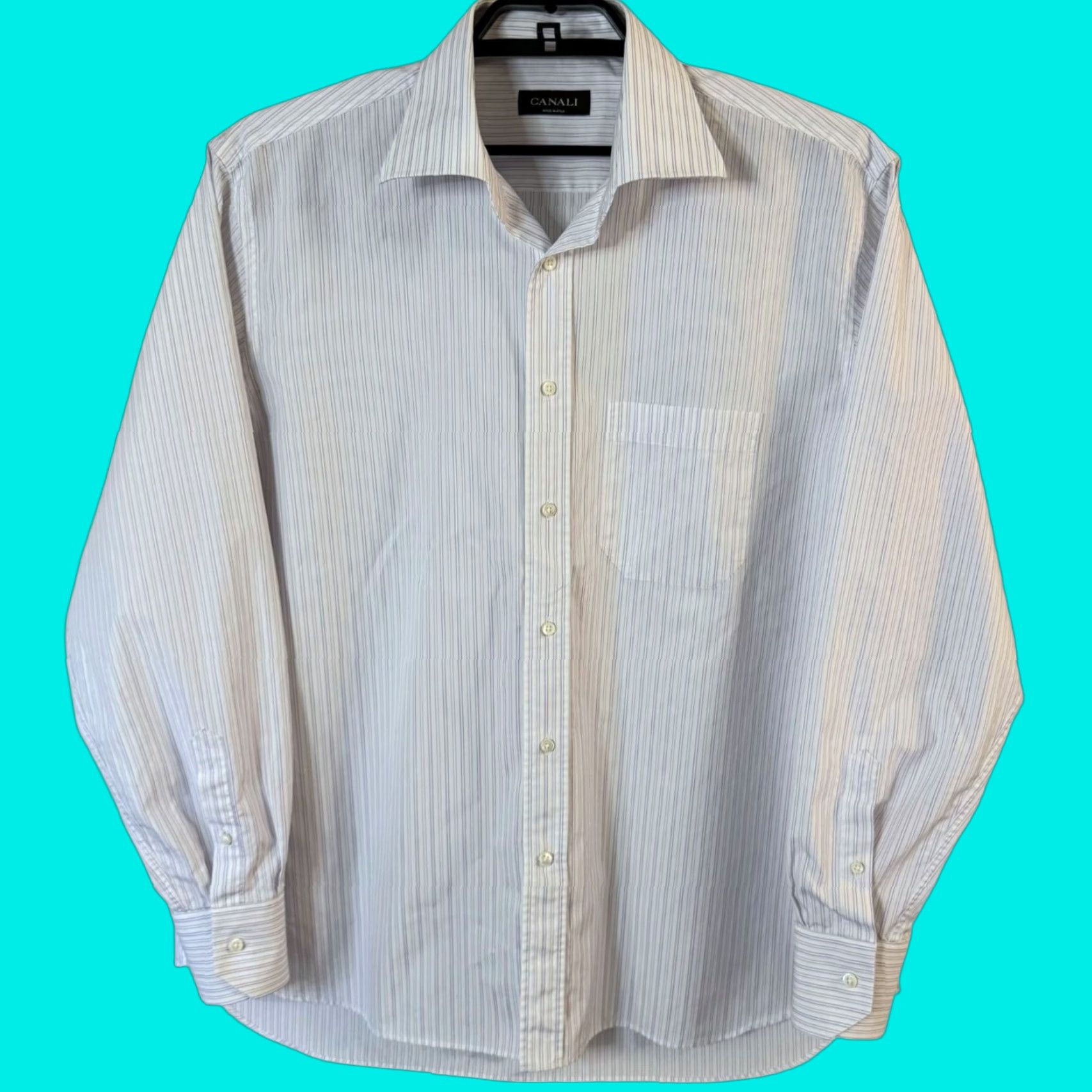 VINTAGE Canali Striped Dress Shirt White Men's XL 100% Cotton Business Formal Modern