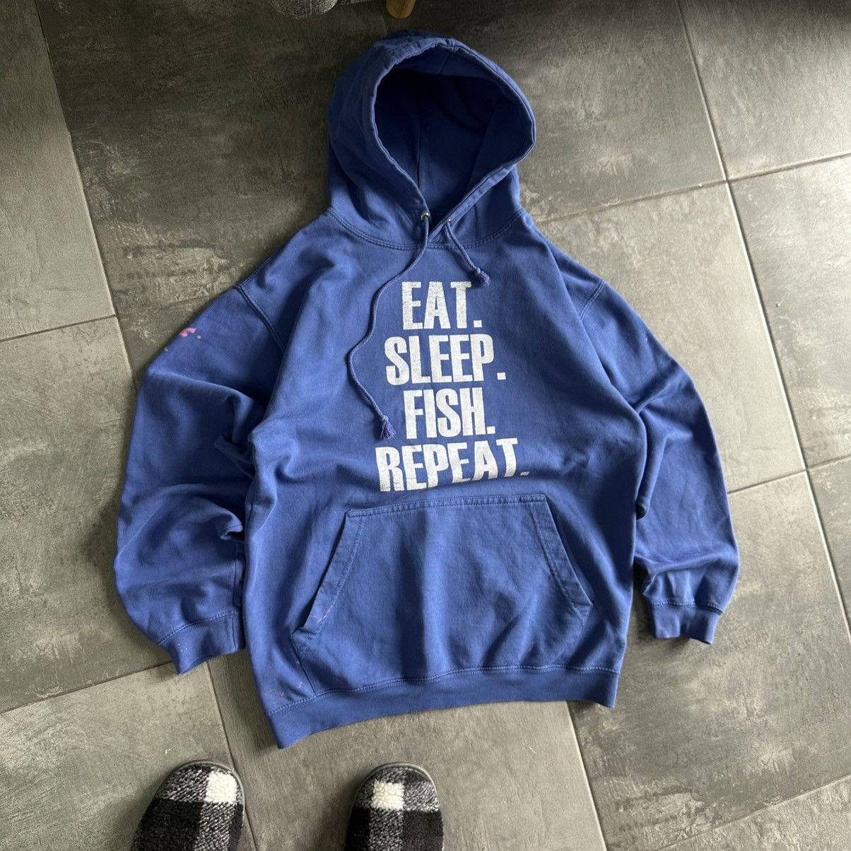 Vintage Vintage Eats Sleep Fish Repeat Hoodie Used Joke Humor Size US M / EU 48-50 / 2 - 1 Thumbnail