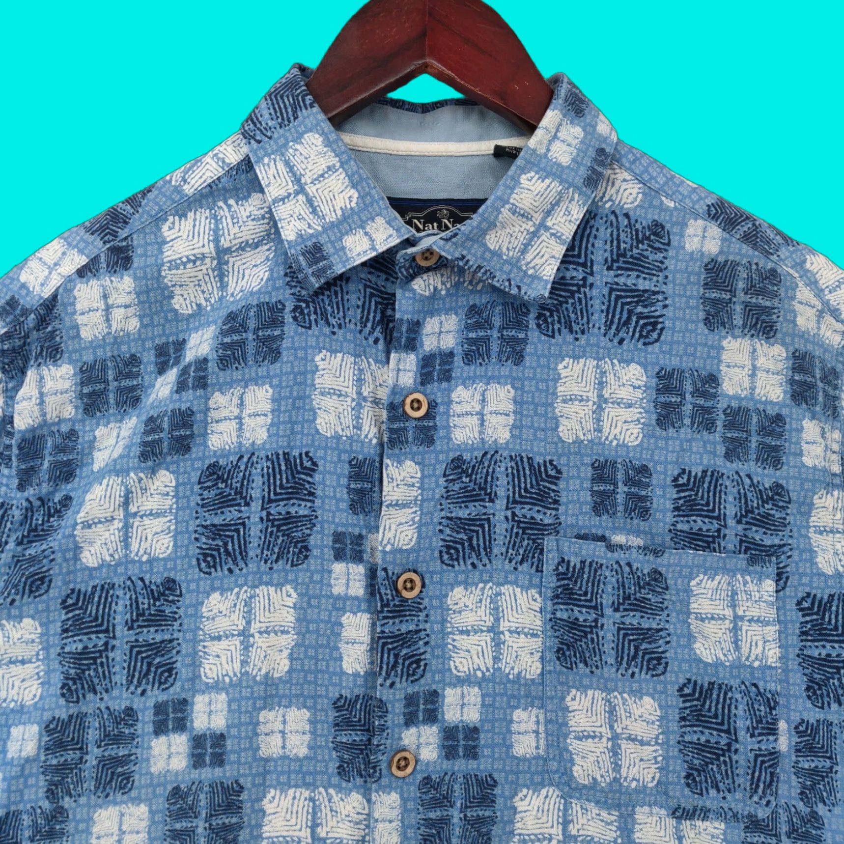 Nat Nast Nat Nast Shirt Mens Medium Blue Geometric Silk Blend Short Sleeve Button Casual Size US M / EU 48-50 / 2 - 1 Thumbnail