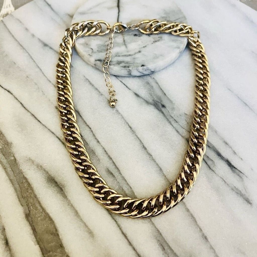 Jewelry Chunky Chain Link Necklace Gold Toned Metal Wide Size ONE SIZE - 2 Thumbnail