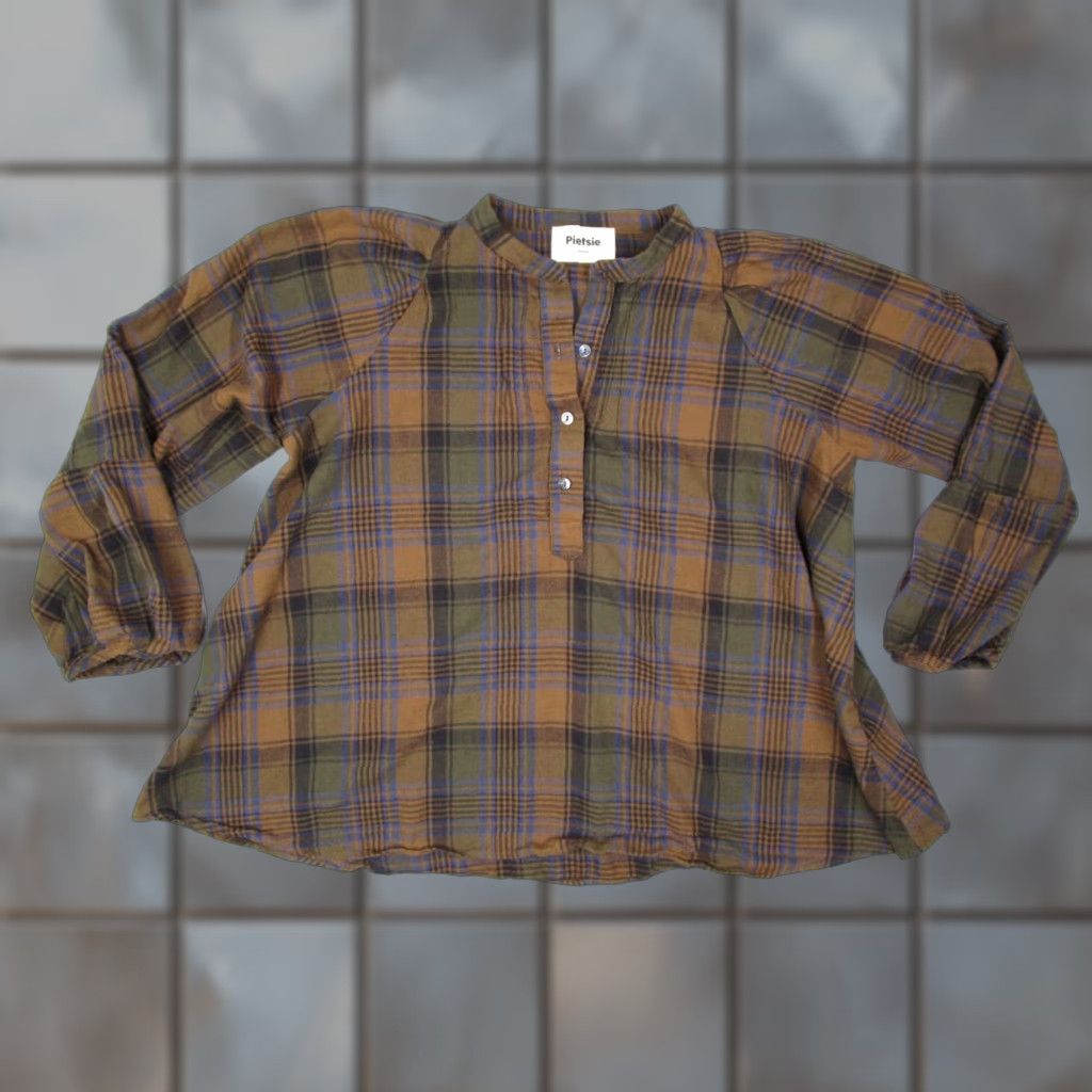 Vintage Pietsie Women's Brown Plaid Long Sleeve Henley Button Up Blouse - 100% Cotton Made in USA, Size Medium Size M / US 6-8 / IT 42-44 - 1 Thumbnail