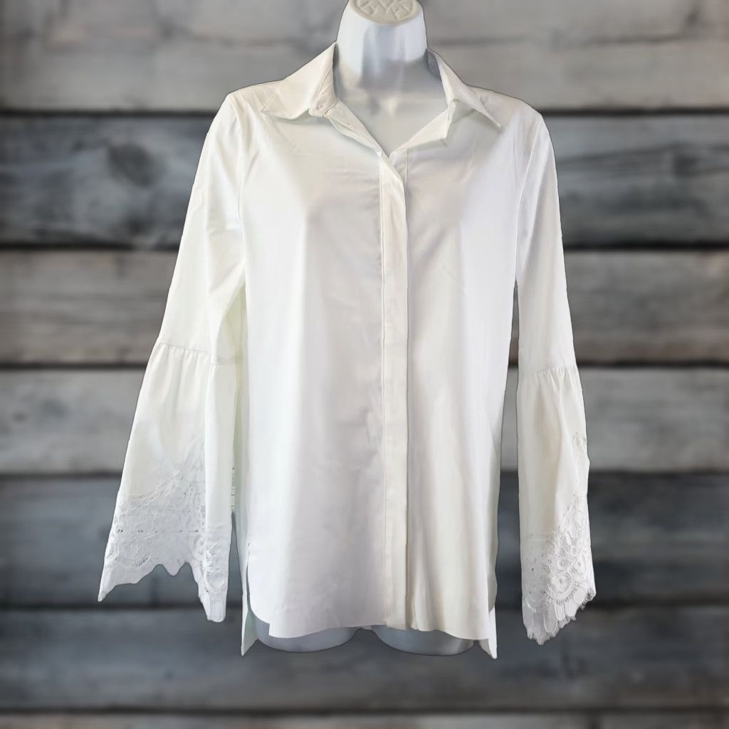 Vintage Lysse Women’s Colette Lace Sleeve Button Down Top White Small Long Sleeve Shirt Ladies Women XS-S Small White Lace Sleeve Button-Front Top Size S / US 4 / IT 40 - 1 Thumbnail