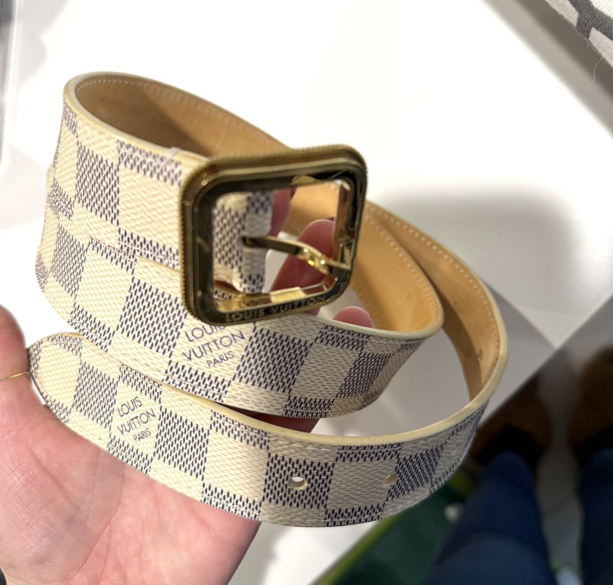 Louis Vuitton Louis Vuitton Damier Azur Belt 85/34 White LV Buckle Size ONE SIZE - 14 Thumbnail