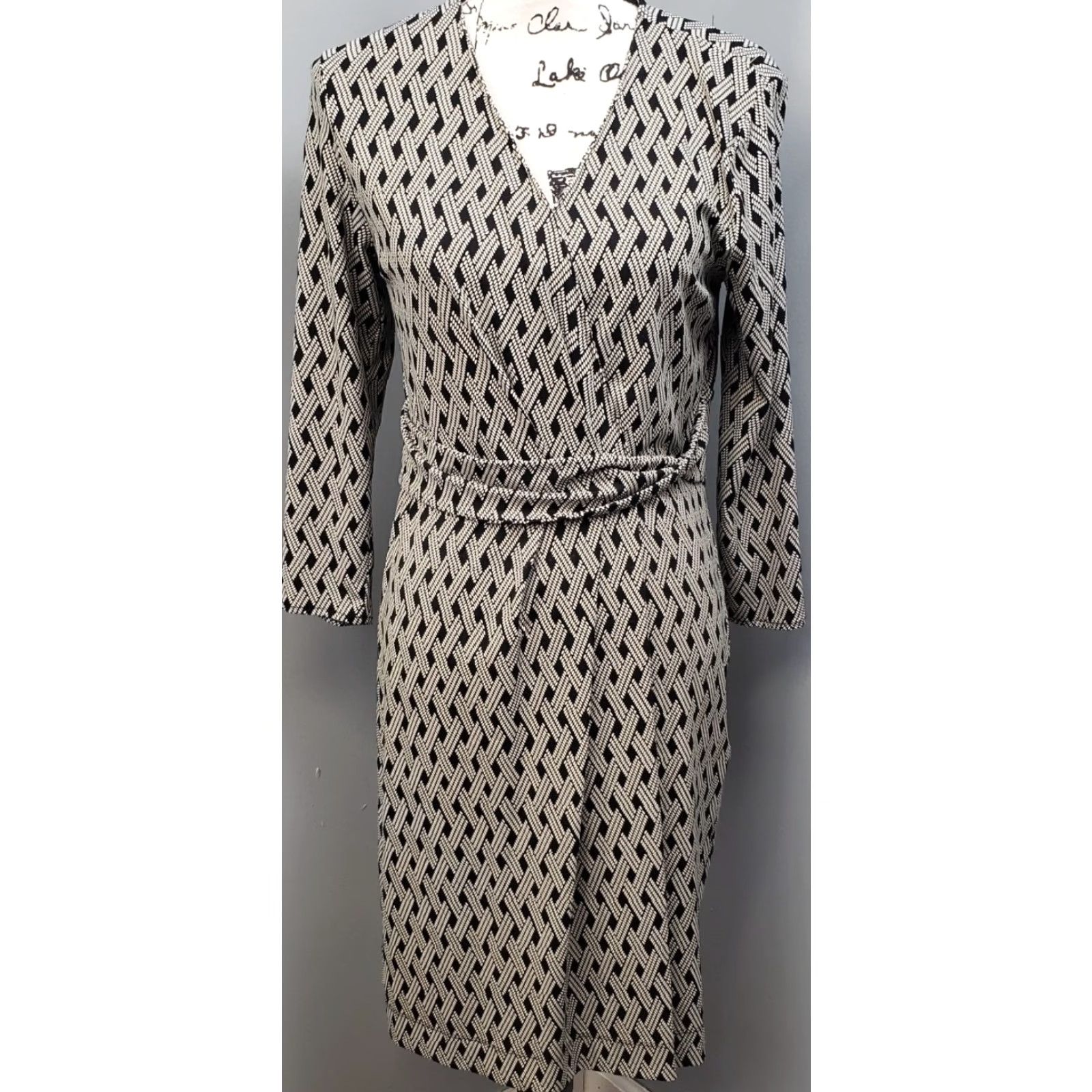 Talbots Talbots Dress Womens Medium Black White Geometric Print Nylon Faux Wrap Stretch Dress Size M / US 6-8 / IT 42-44 - 2 Thumbnail