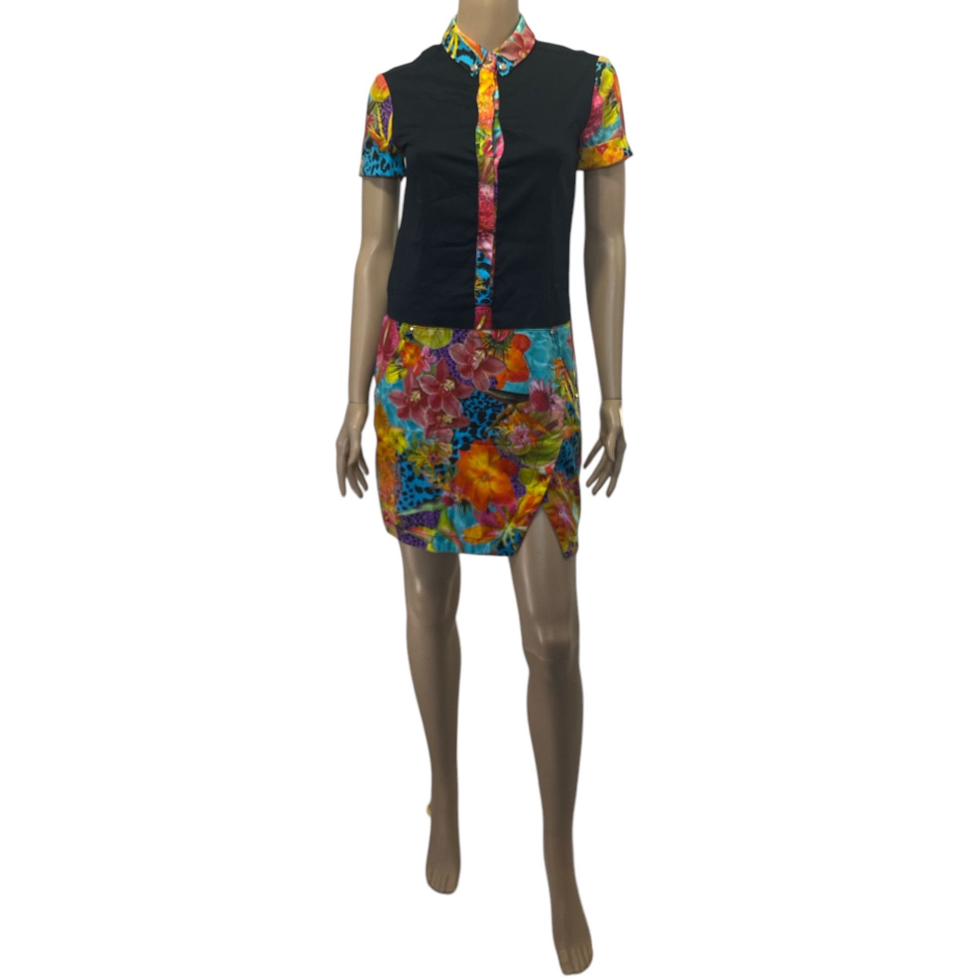 Black Multicolor Floral Printed Buttoned Dress